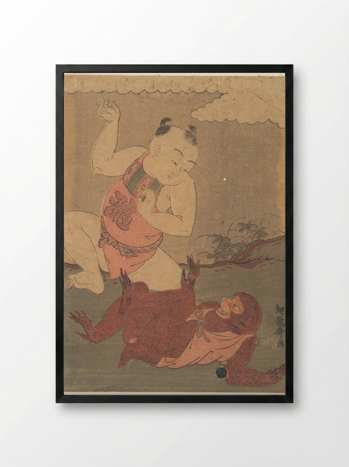 Boy and Monkey Playing - Isoda Koryūsai - Framed Print Black