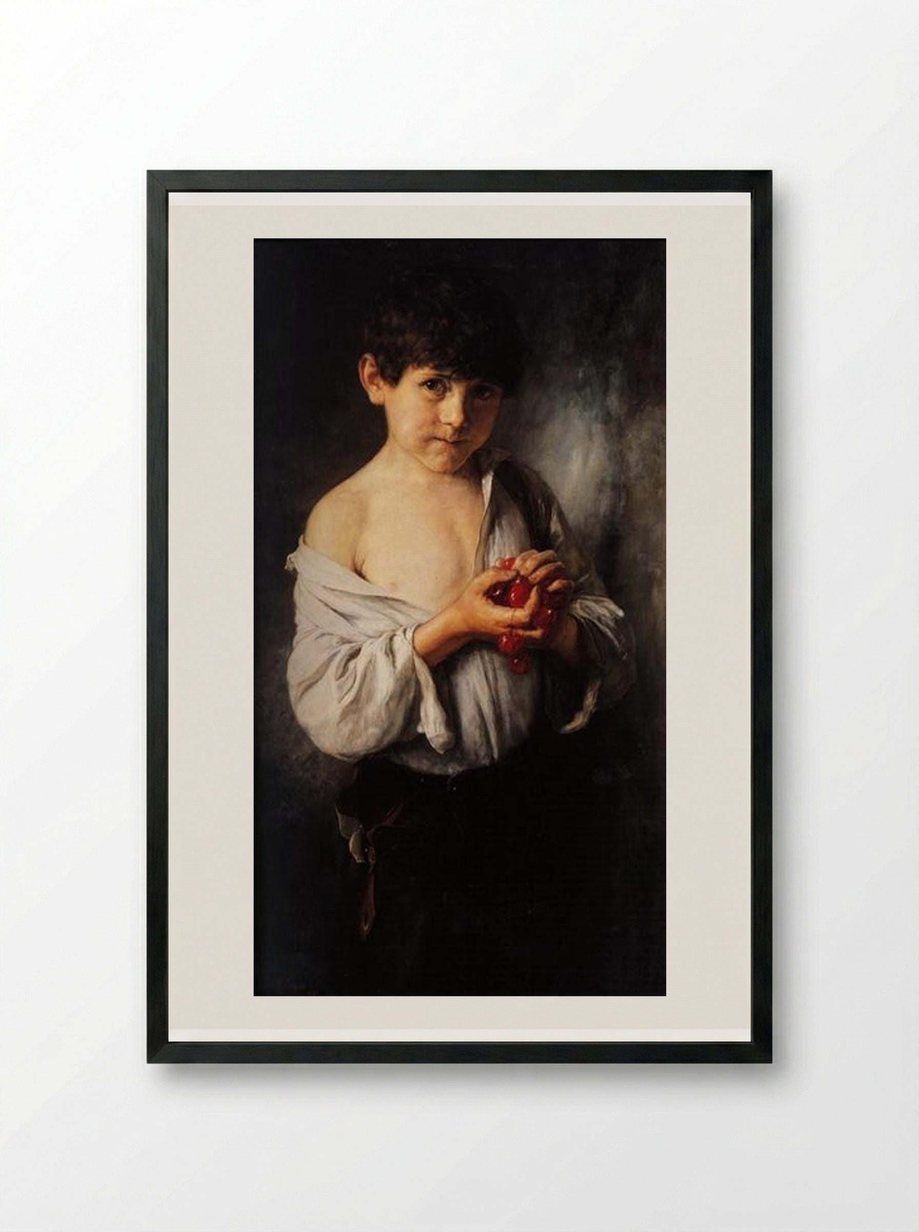 Boy with Cherries - Nikolaos Gyzis - Framed Print Black