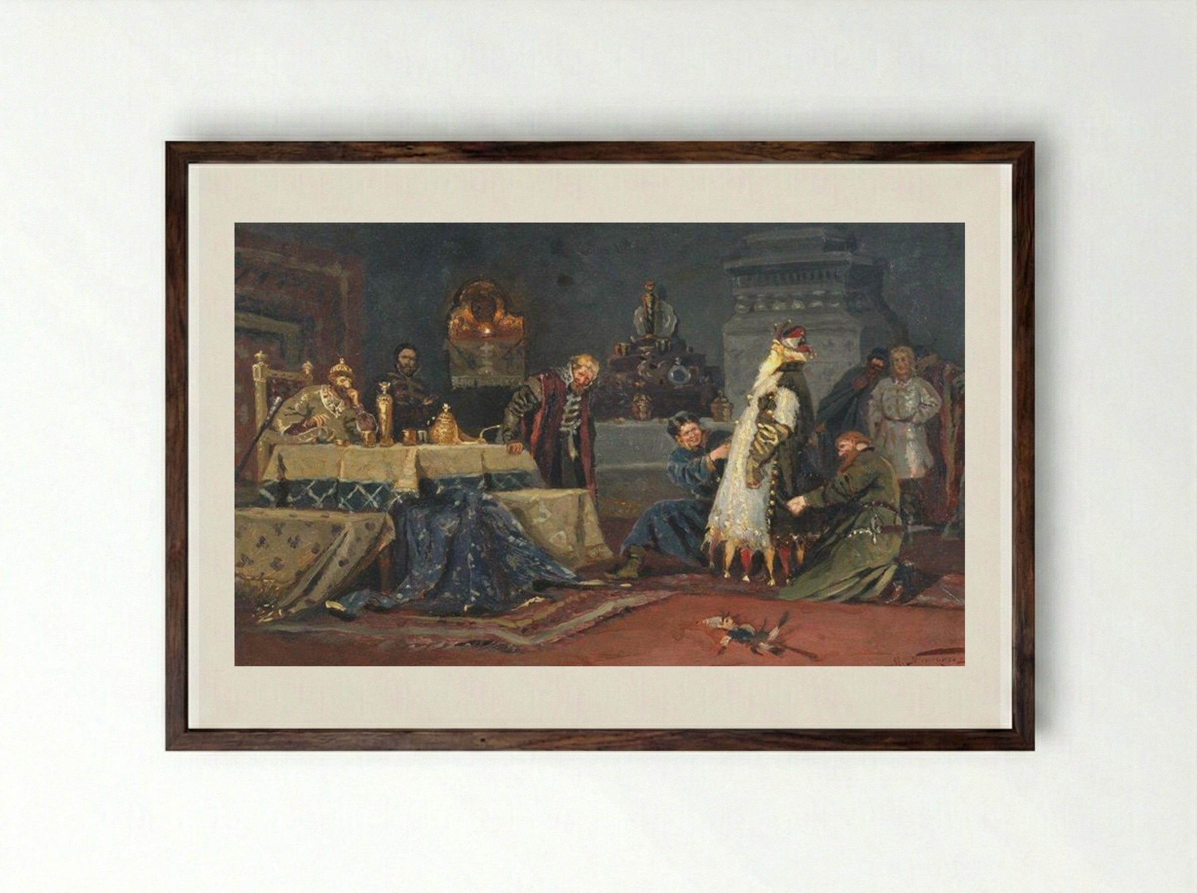 Boyar Morozov in a Clownish Coat before Ivan the Terrible - Mikhail Nesterov - Framed Print Dark Wood