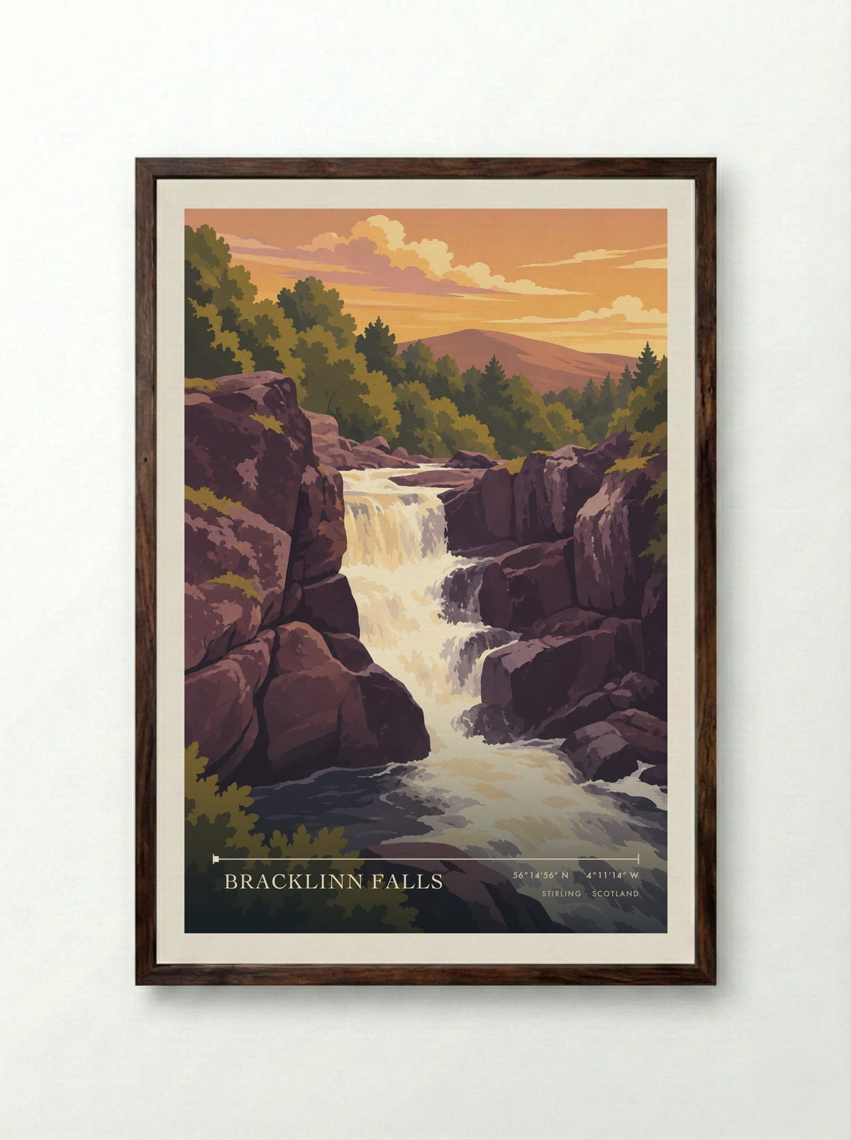 Bracklinn Falls, Stirling | Travel Poster - Framed Print Dark Wood