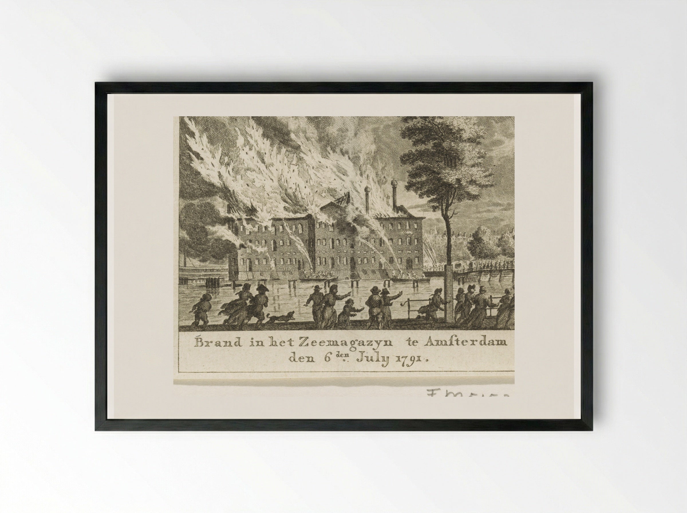 Brand in 's Lands Zeemagazijn, 1791 - Cornelis Brouwer - Framed Print Black