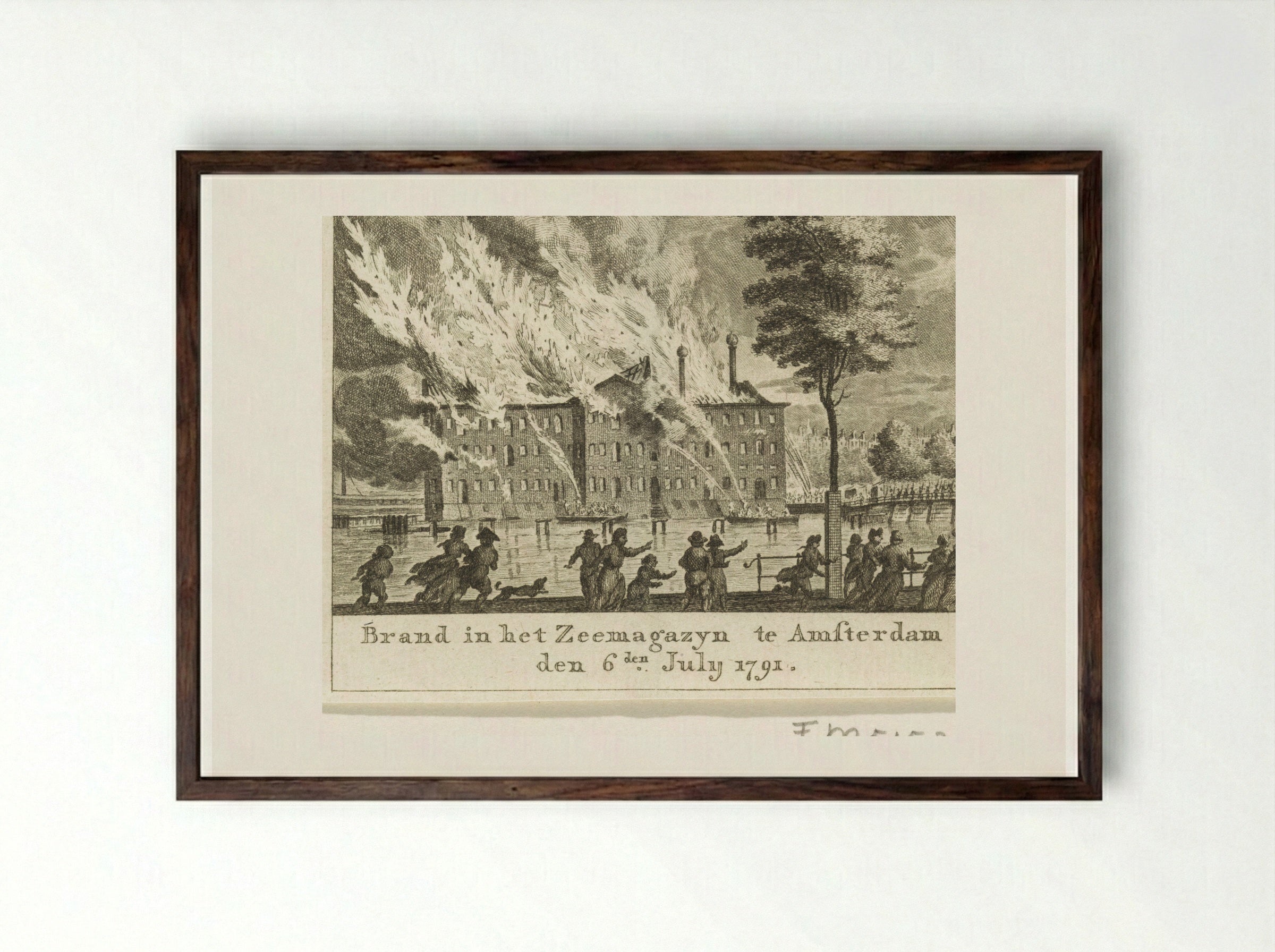 Brand in 's Lands Zeemagazijn, 1791 - Cornelis Brouwer - Framed Print Dark Wood