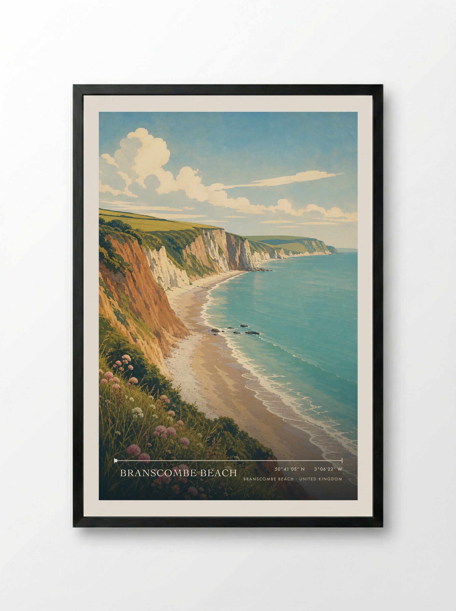 Branscombe Beach United Kingdom Travel Poster - Framed Print Black