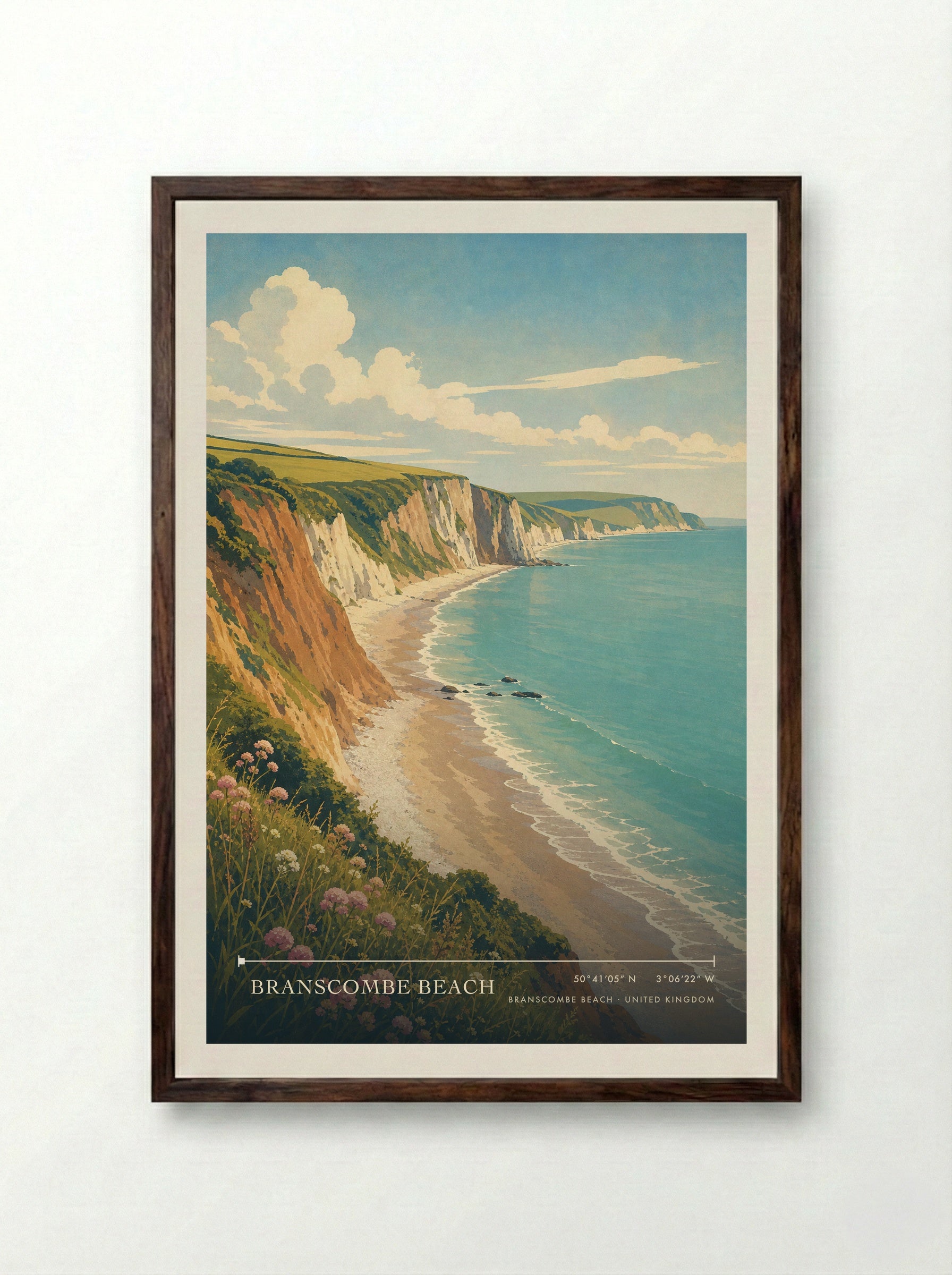 Branscombe Beach United Kingdom Travel Poster - Framed Print Dark Wood