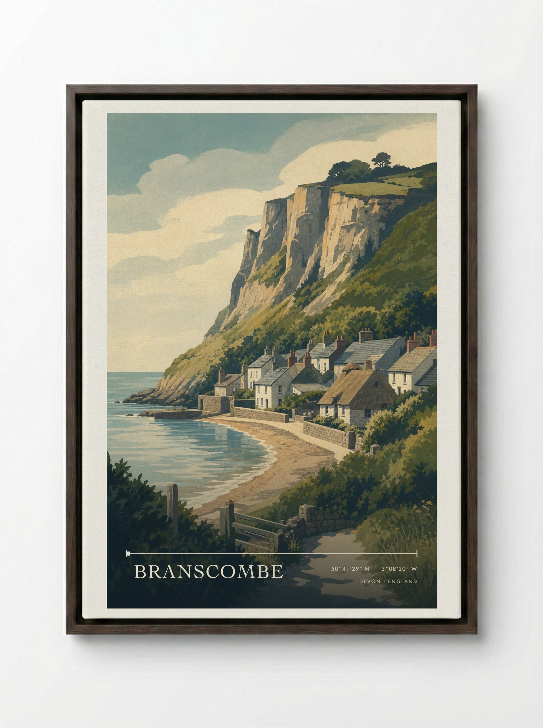 Branscombe Devon England Travel Poster - Framed Canvas Dark Wood
