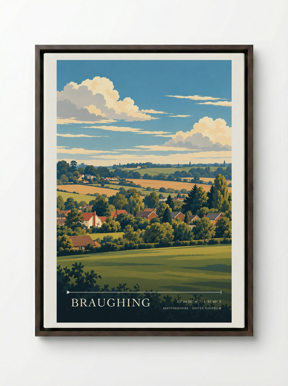 Braughing, Hertfordshire | Travel Poster - Framed Canvas Dark Wood