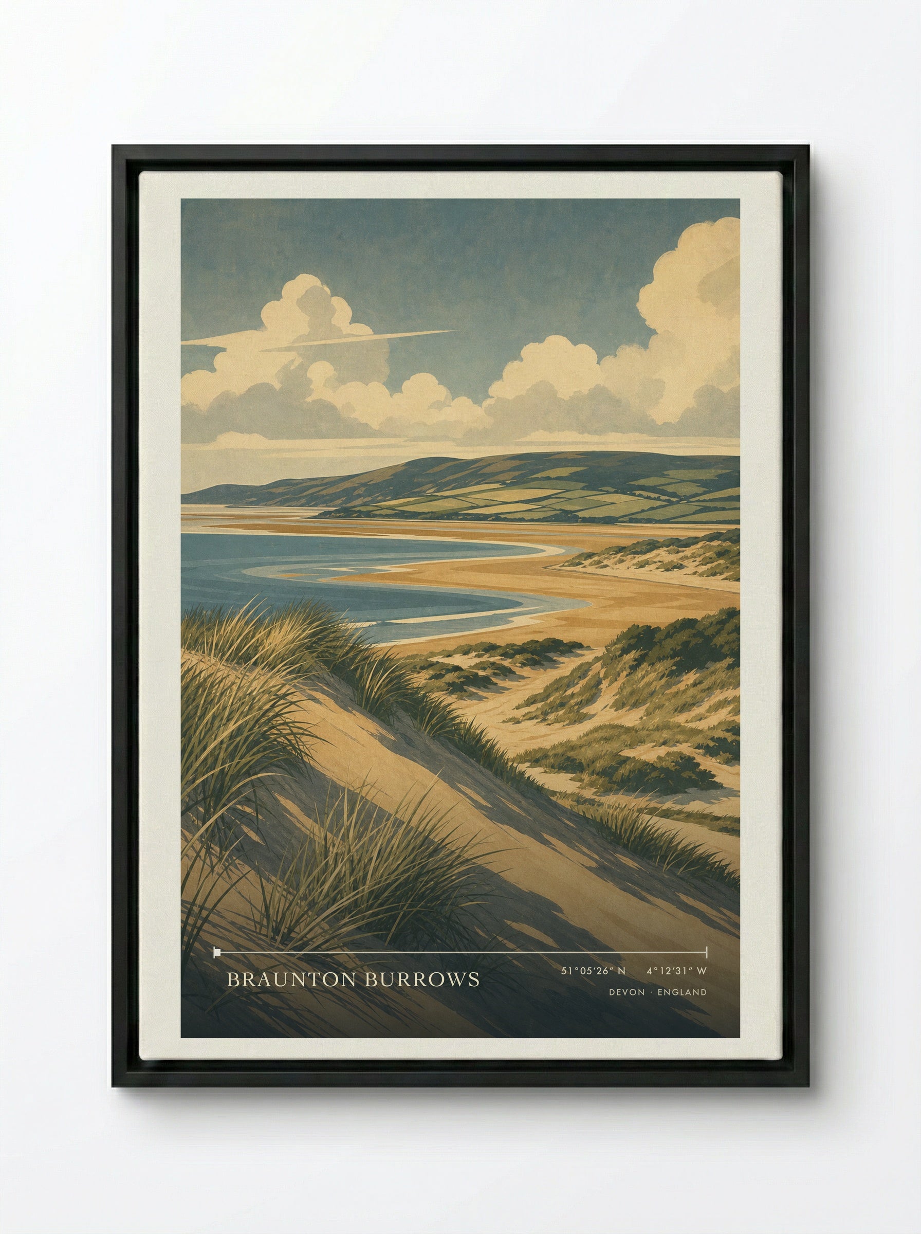 Braunton Burrows Devon England Travel Poster - Framed Canvas Black