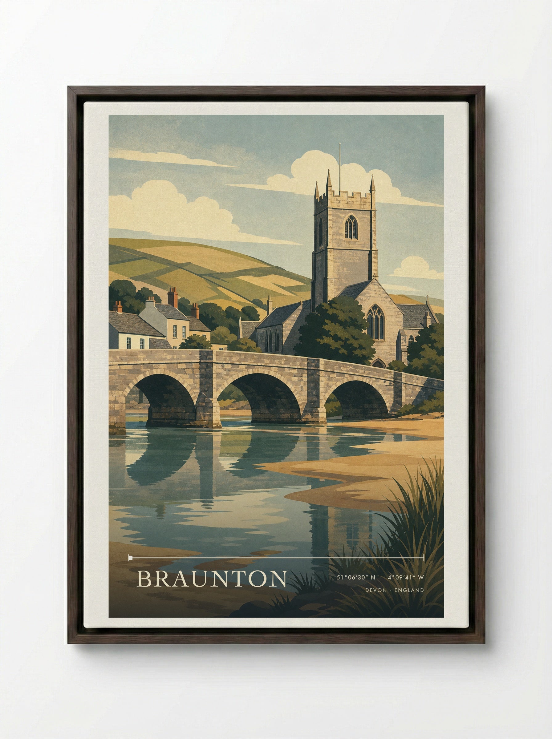 Braunton Devon England Travel Poster - Framed Canvas Dark Wood