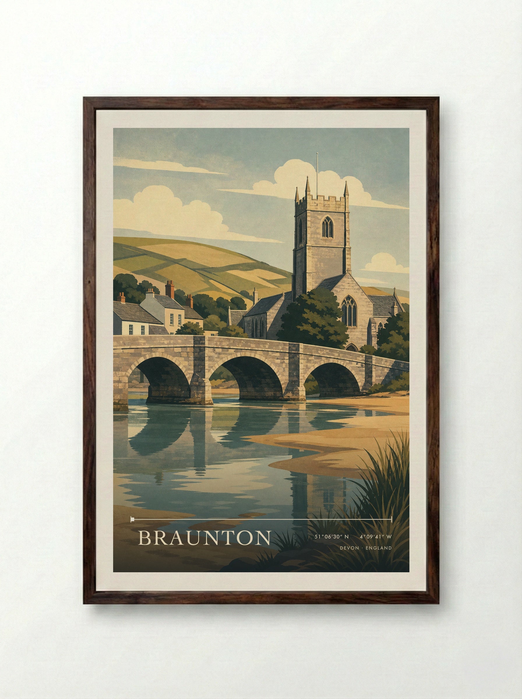 Braunton Devon England Travel Poster - Framed Print Dark Wood