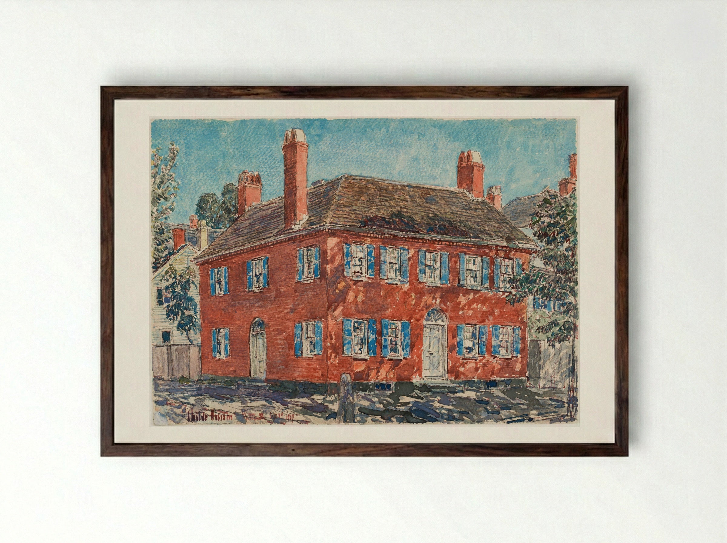 Brick Mansion, Portsmouth, New Hampshire - Childe Hassam - Framed Print Dark Wood