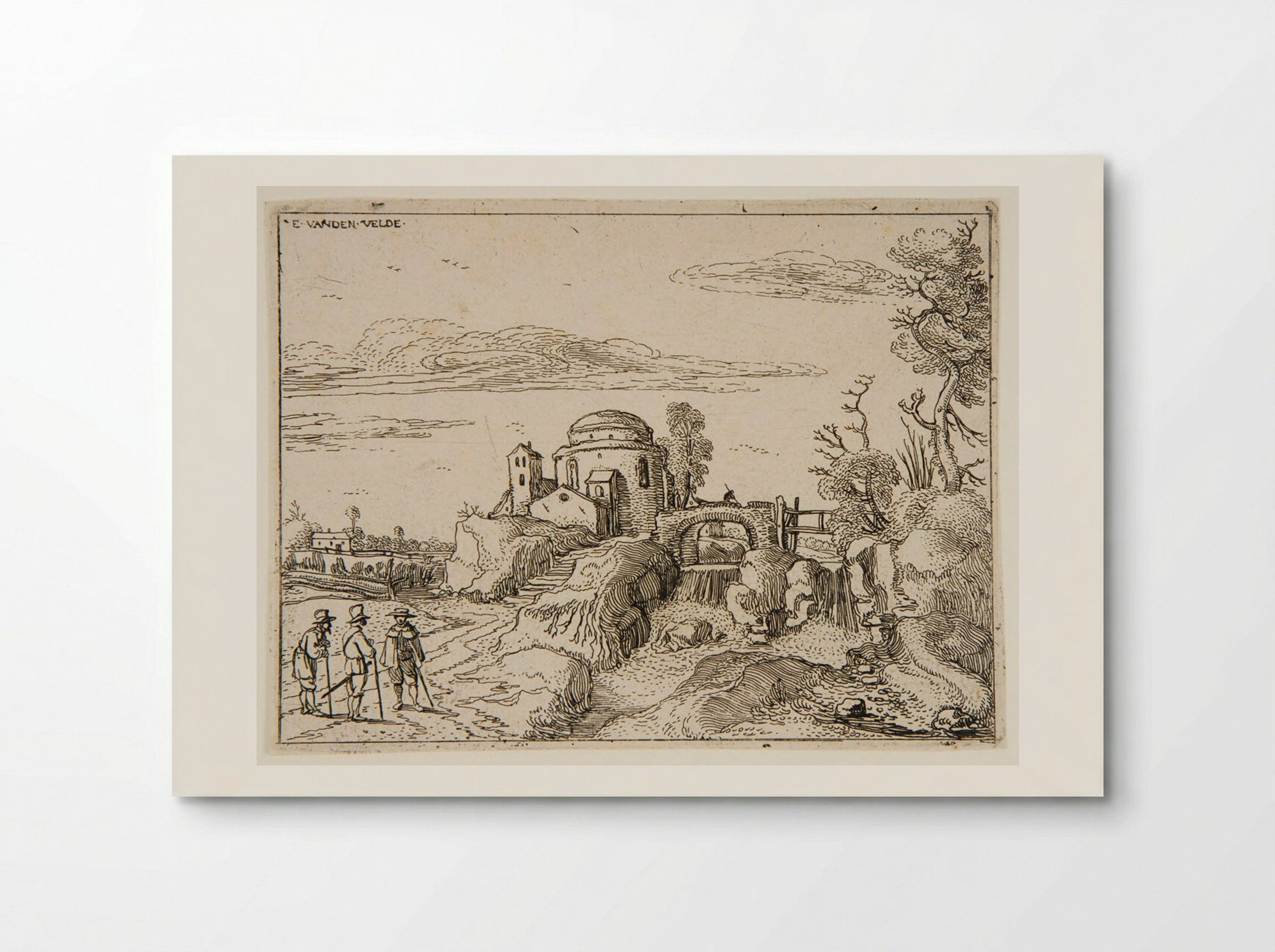 Bridge Over a Waterfall Near a Domed Rotunda - Esaias van de Velde - Poster