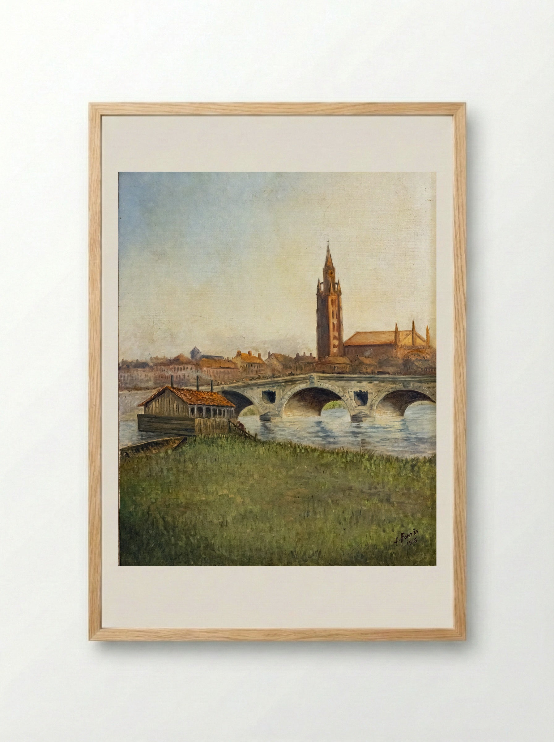 Bridge and Church Tower - J. Fontès - Framed Print Wood