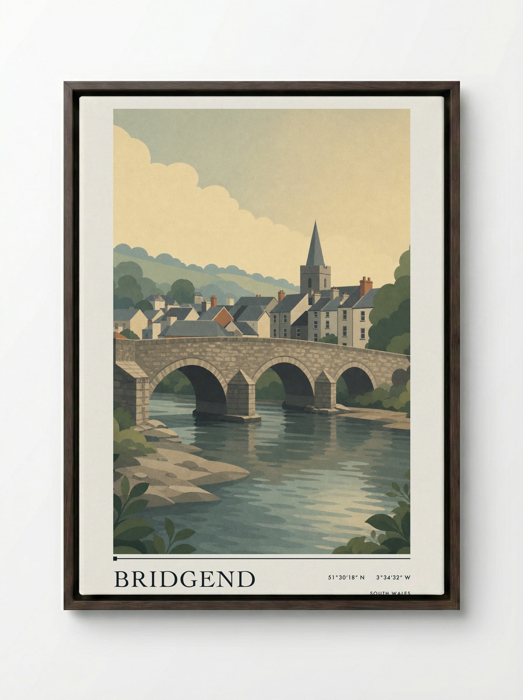 Bridgend South Wales Wales Travel Poster - Framed Canvas Dark Wood