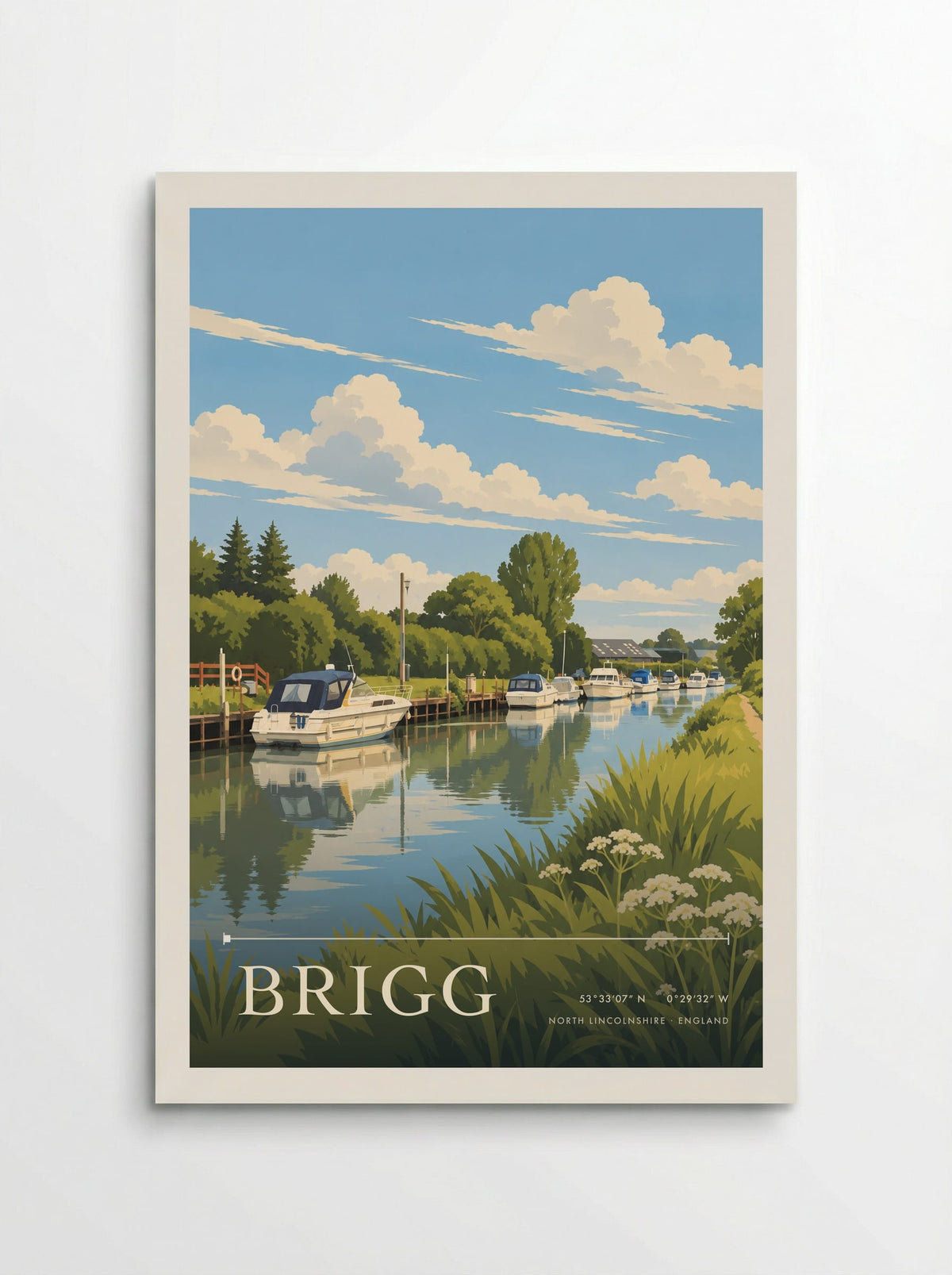 Brigg, North Lincolnshire travel poster: white cabin boats, blue covers and green summer trees reflected along a sheltered river landing