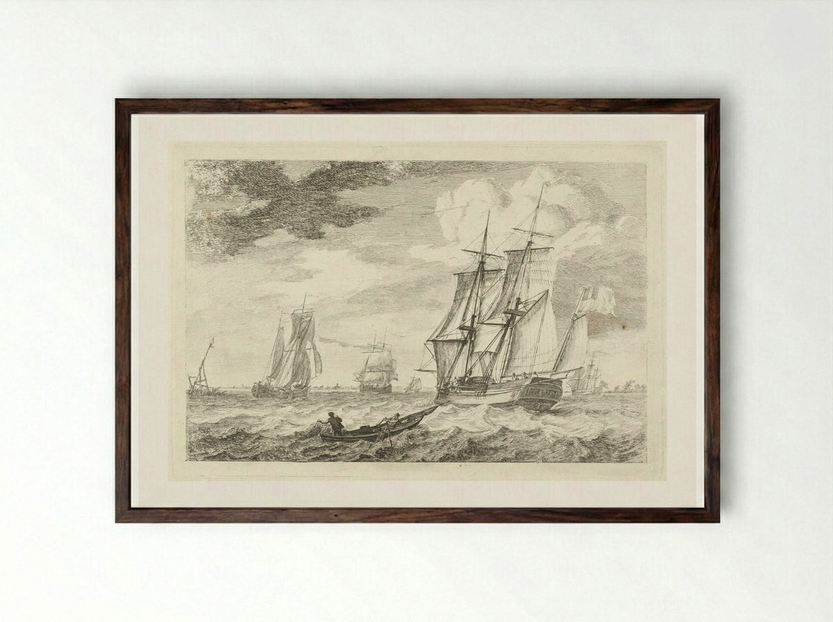 Brik en andere schepen op een breed vaarwater - Gerrit Groenewegen - Framed Print Dark Wood