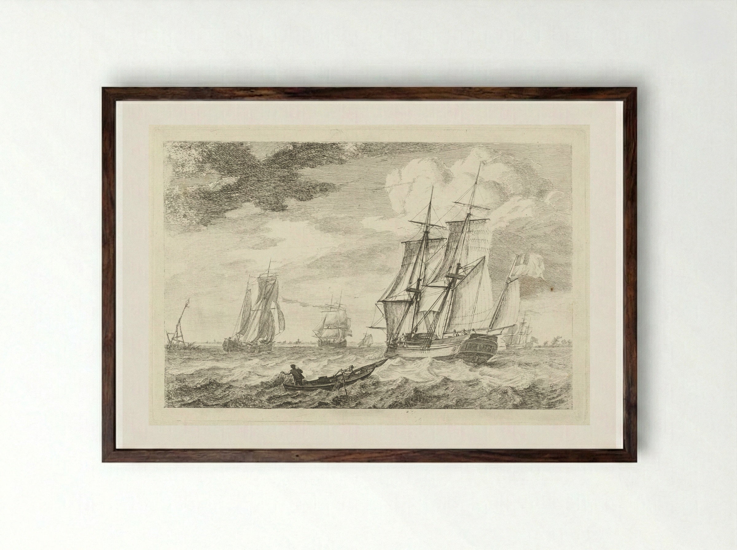 Brik en andere schepen op een breed vaarwater - Gerrit Groenewegen - Framed Print Dark Wood
