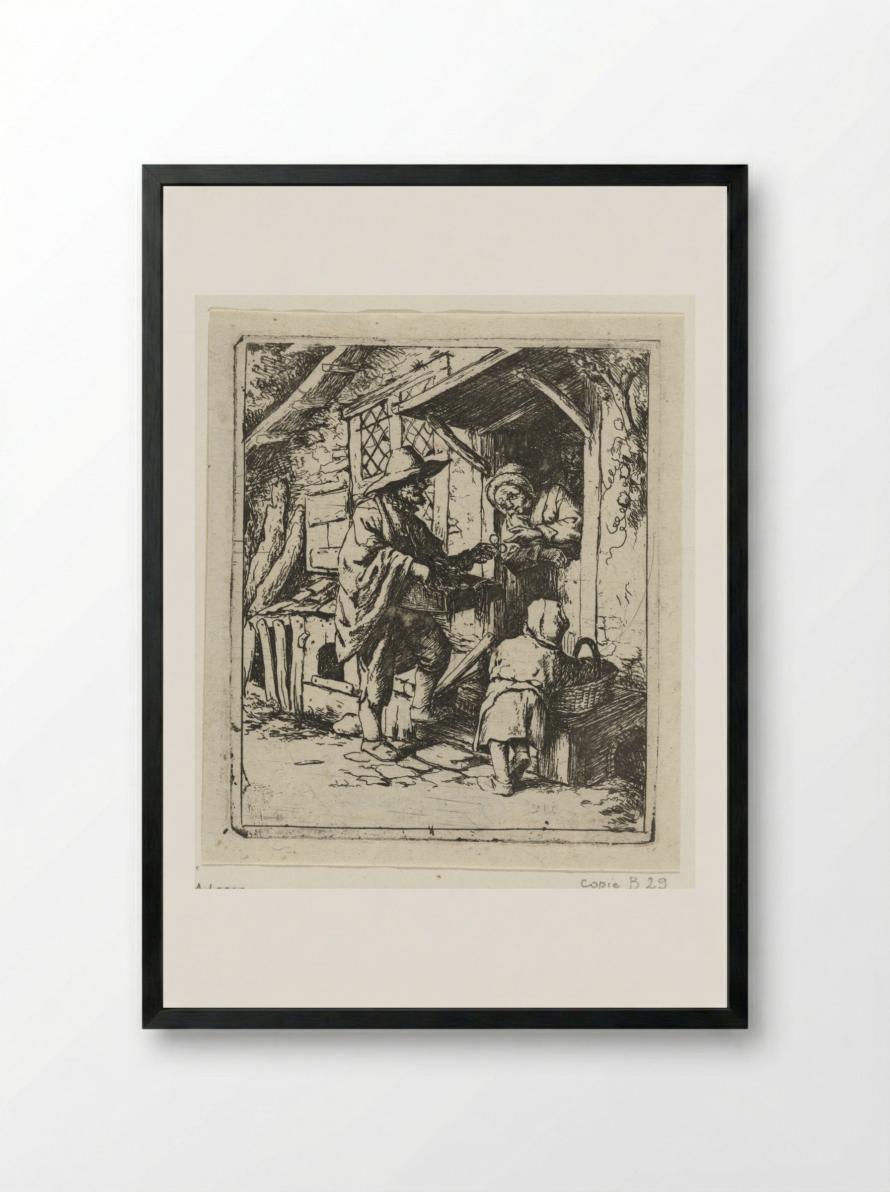 Brillenverkoper en een oude vrouw - Jacob Laurensz. van der Vinne - Framed Print Black