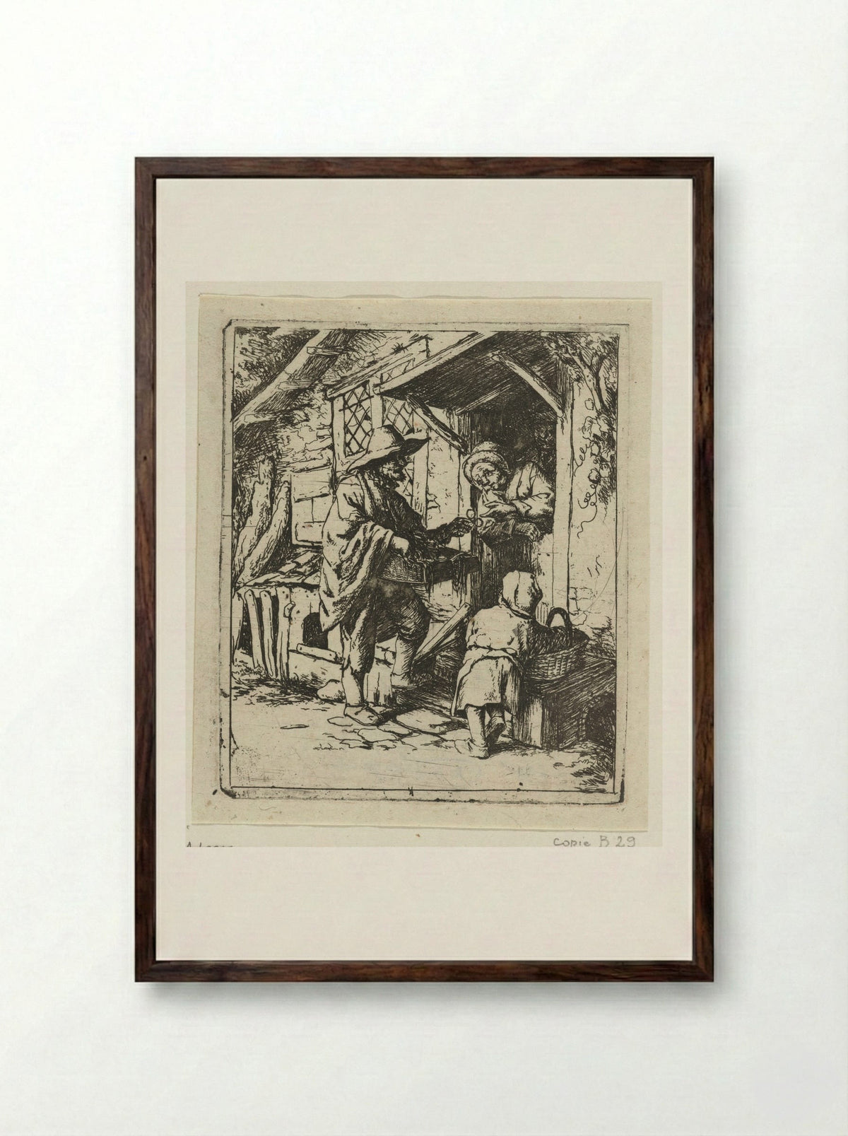 Brillenverkoper en een oude vrouw - Jacob Laurensz. van der Vinne - Framed Print Dark Wood