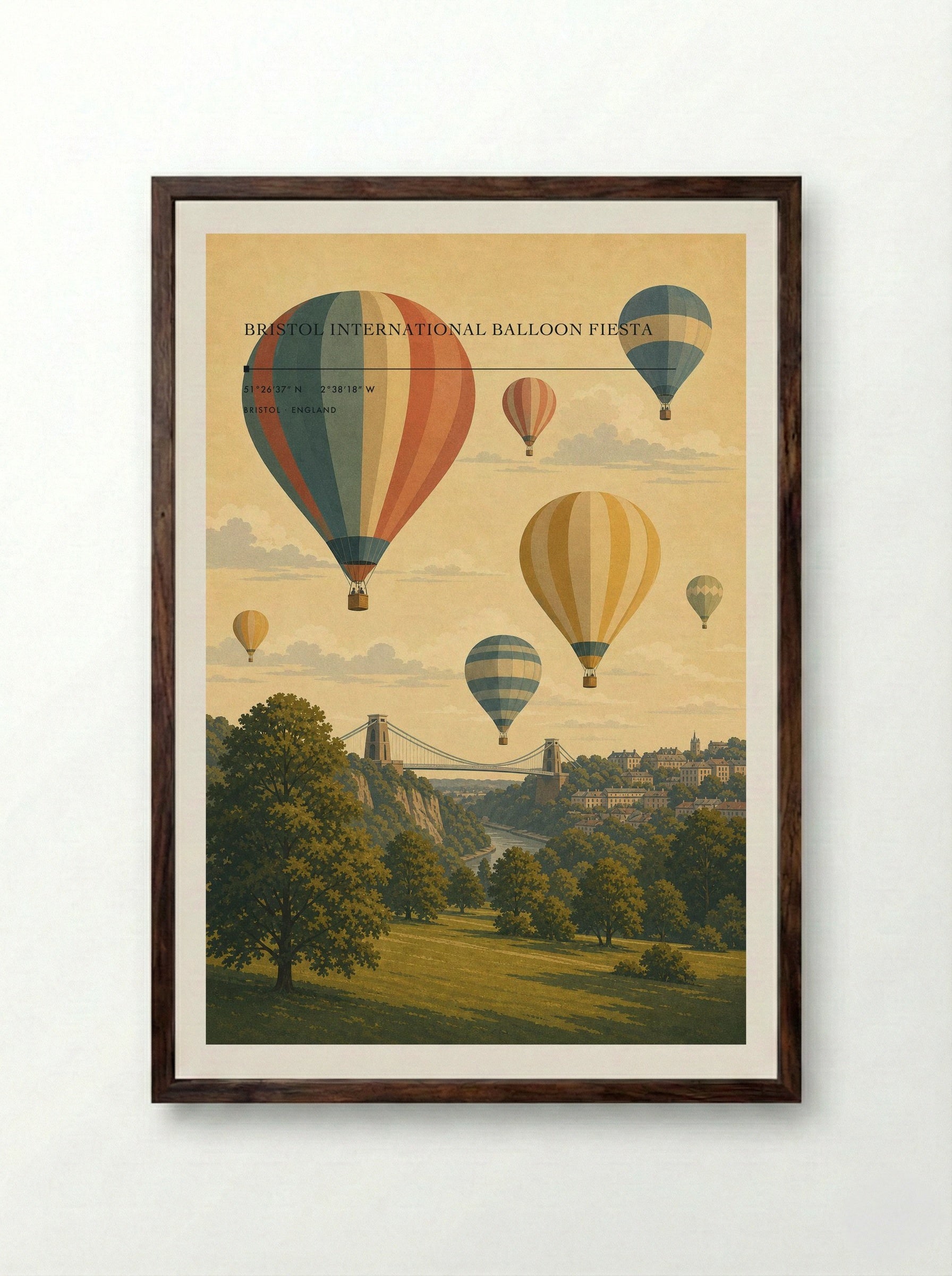 Bristol International Balloon Fiesta England Travel Poster - Framed Print Dark Wood
