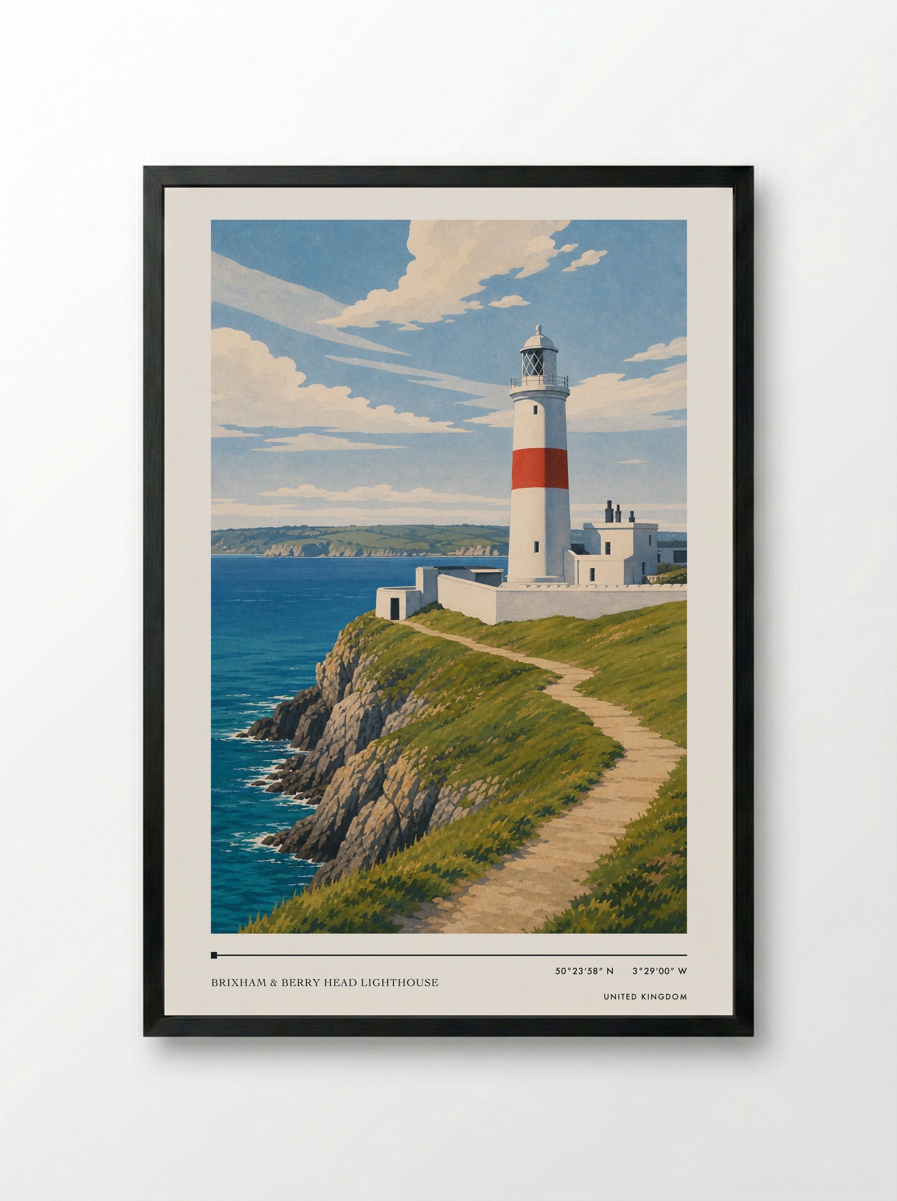 Brixham & Berry Head Lighthouse United Kingdom Travel Poster - Framed Print Black