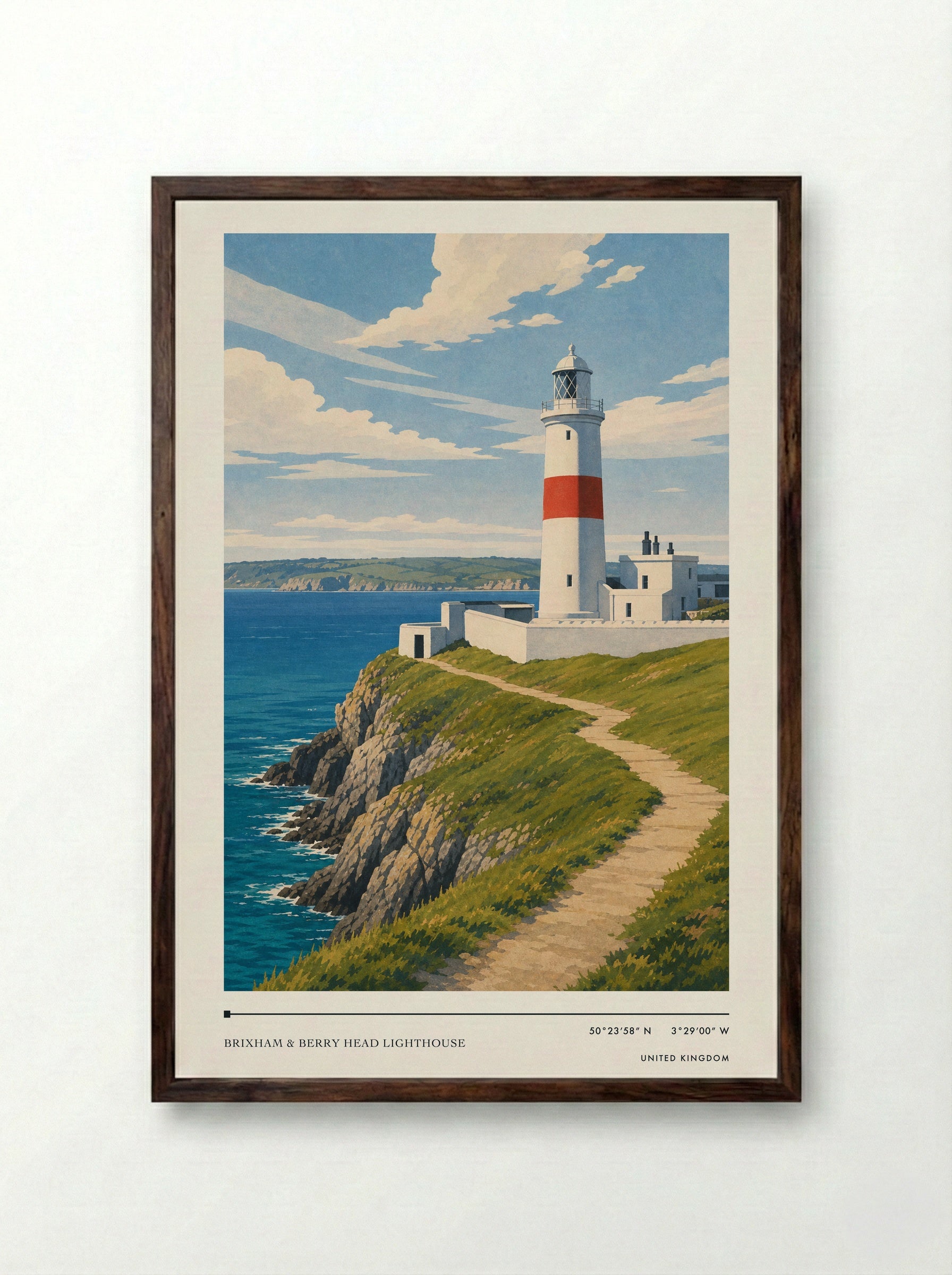 Brixham & Berry Head Lighthouse United Kingdom Travel Poster - Framed Print Dark Wood