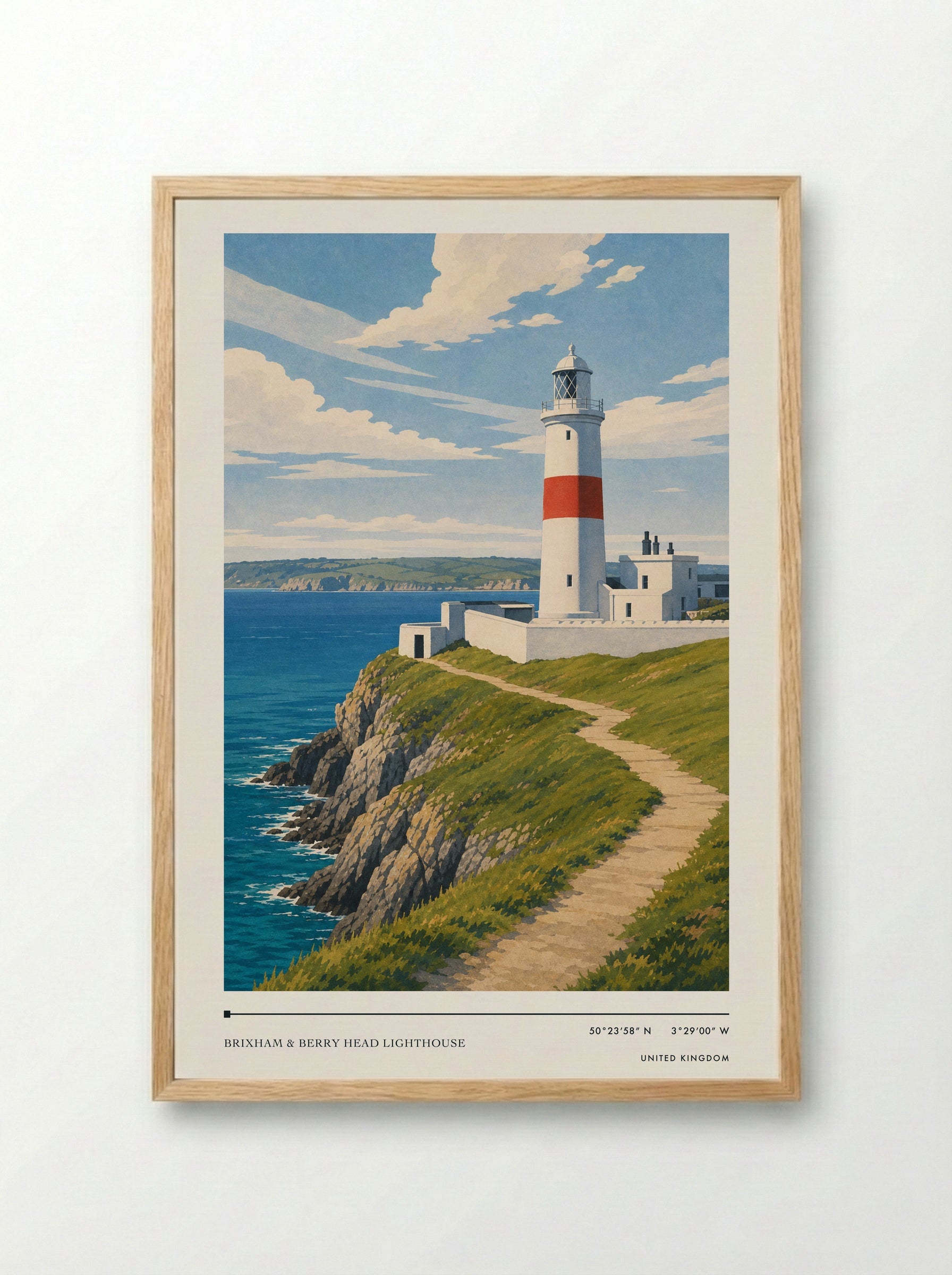 Brixham & Berry Head Lighthouse United Kingdom Travel Poster - Framed Print Wood