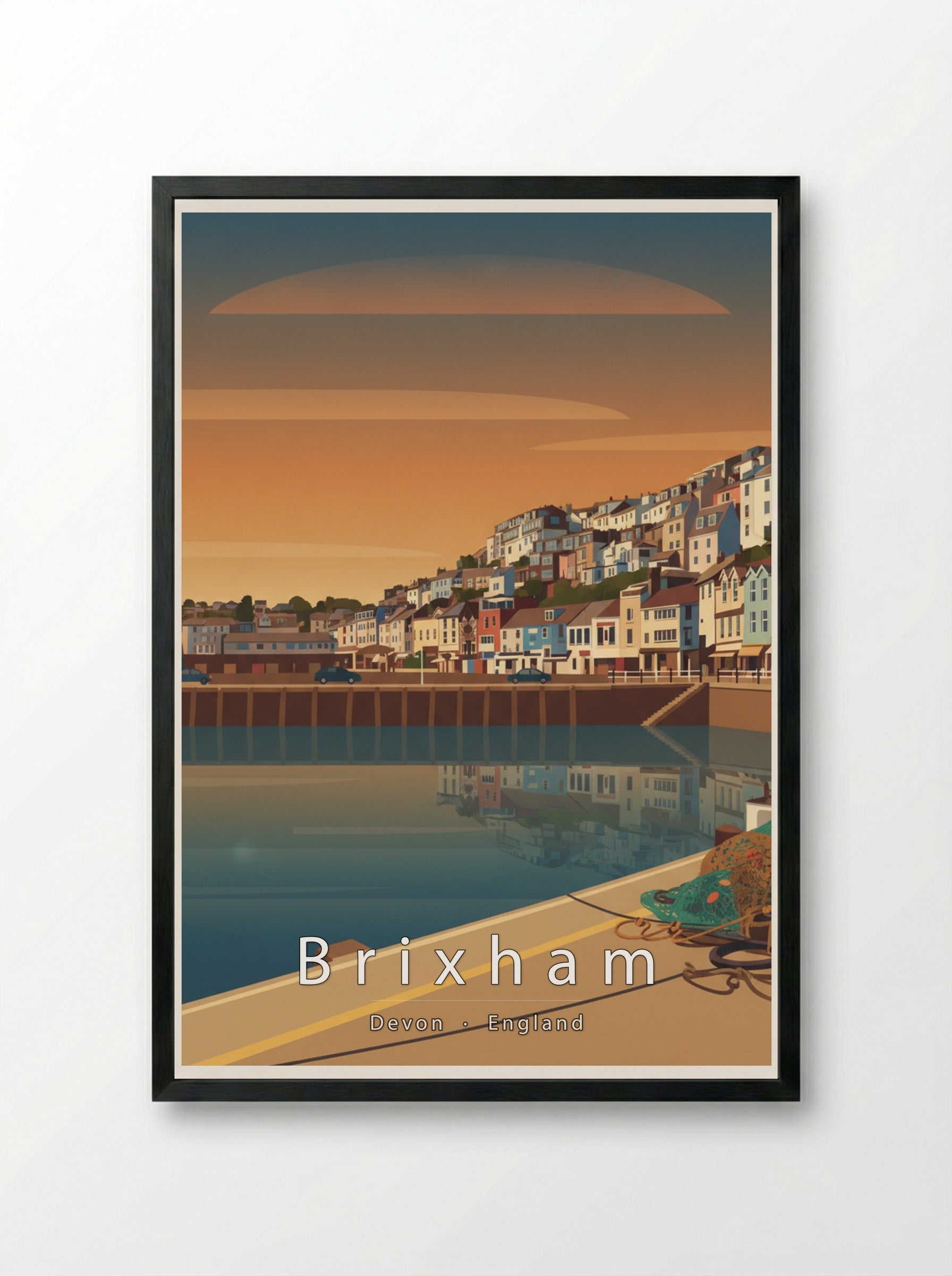 Brixham Travel Poster Artwork - Framed Print Black