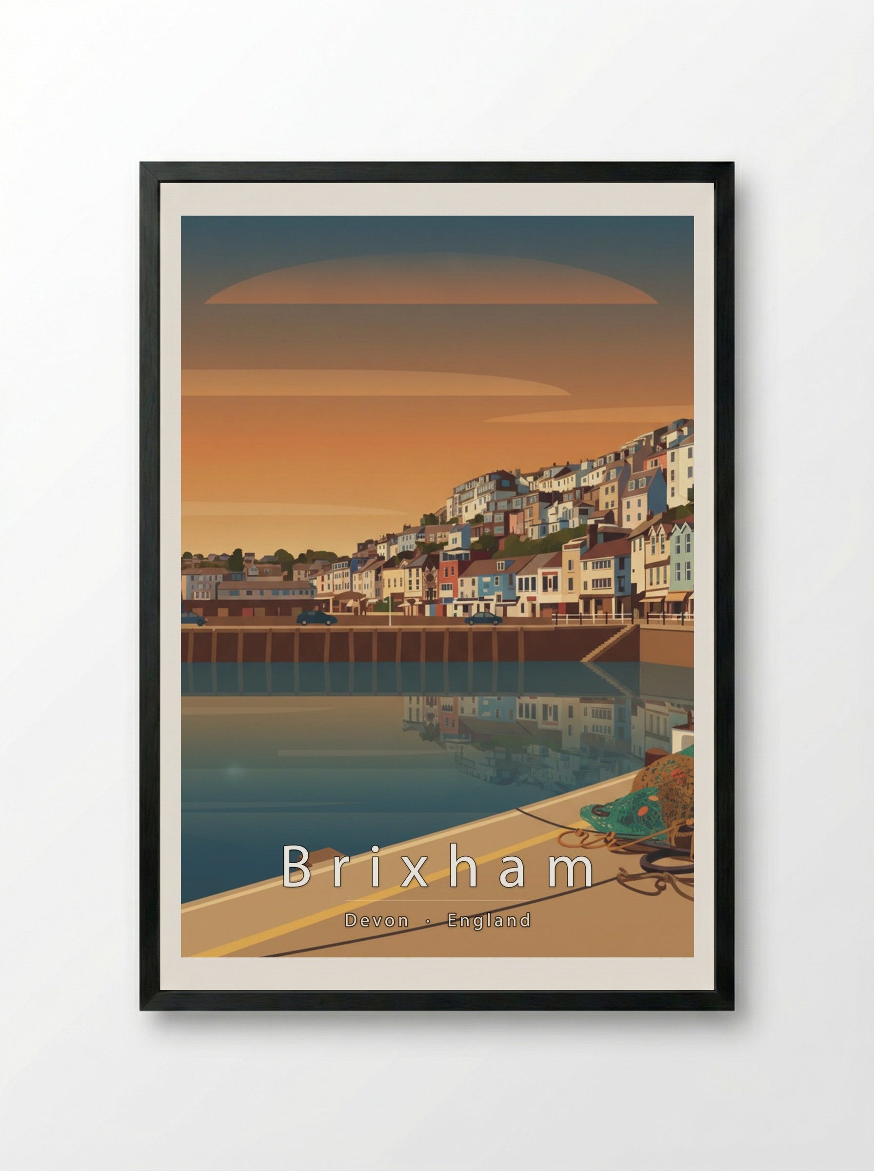 Brixham Travel Poster Artwork - Framed Print Black