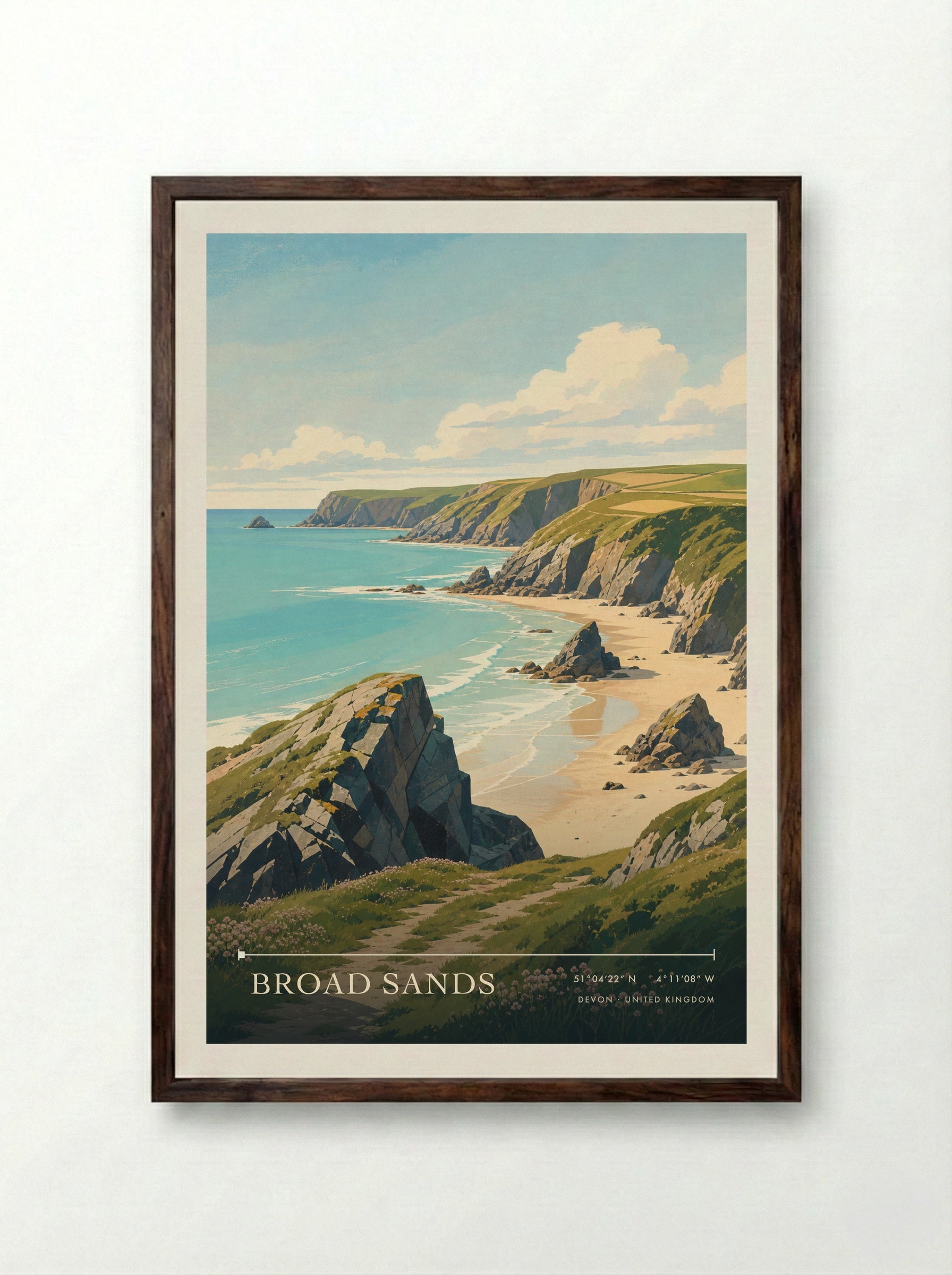 Broad Sands Devon United Kingdom Travel Poster - Framed Print Dark Wood