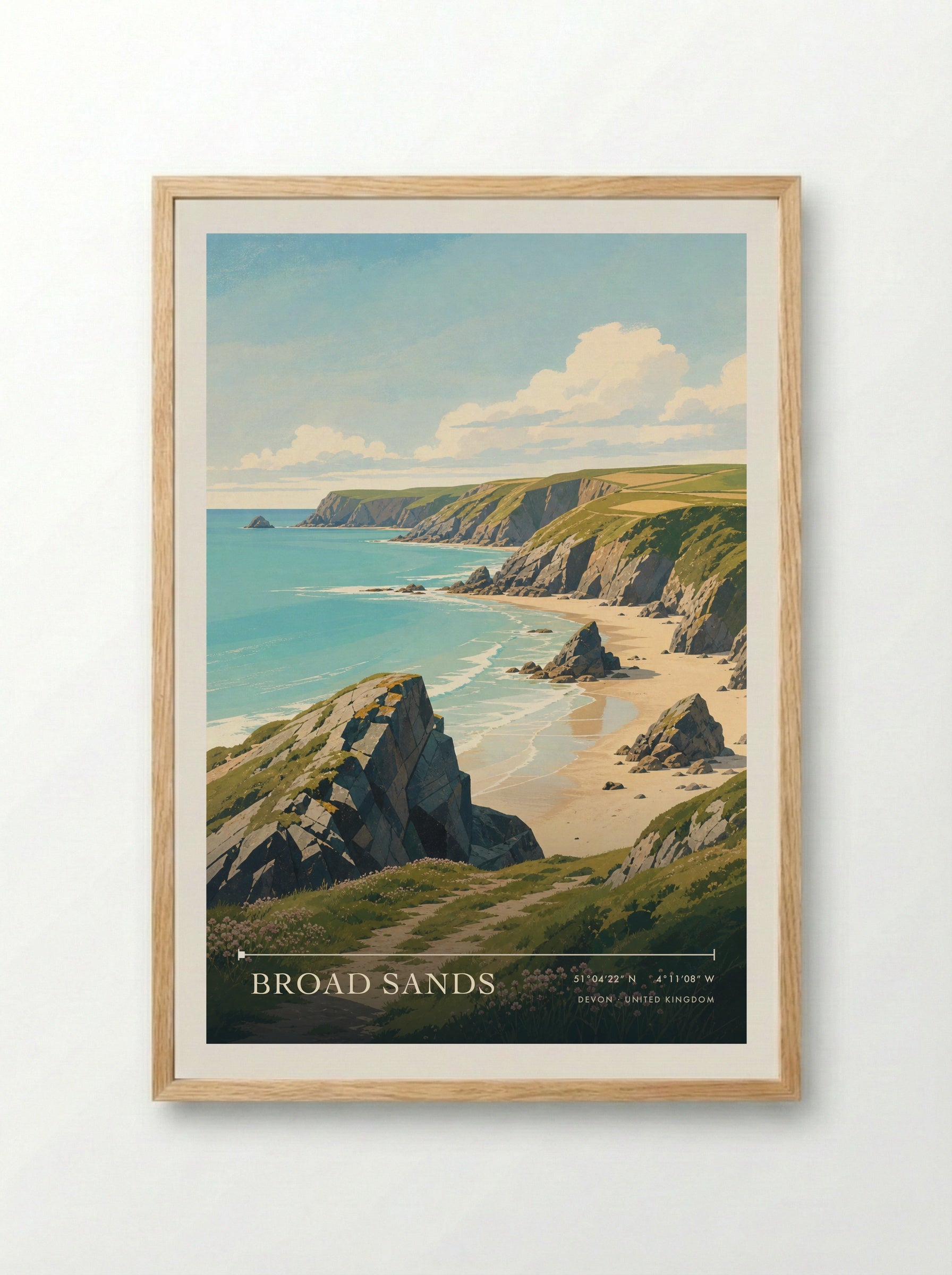Broad Sands Devon United Kingdom Travel Poster - Framed Print Wood