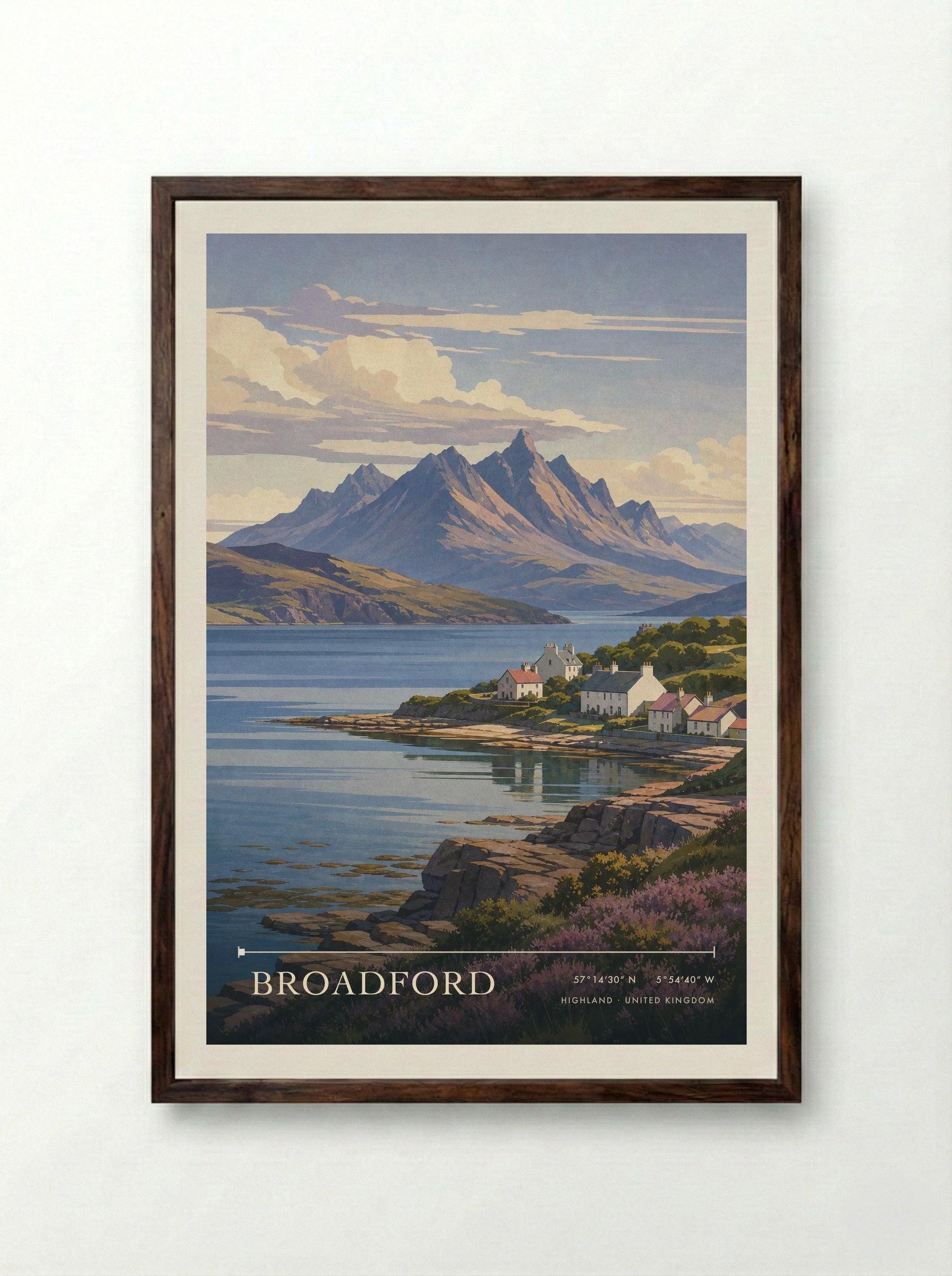 Broadford Highland United Kingdom Travel Poster - Framed Print Dark Wood