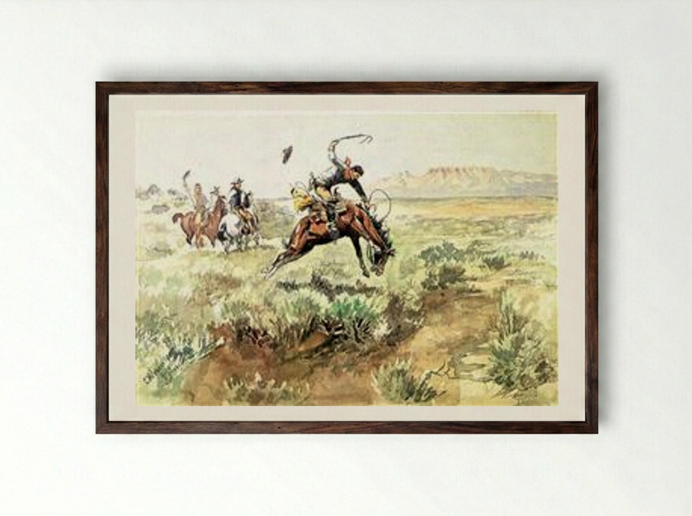 Bronco Busting - Charles M. Russell - Framed Print Dark Wood