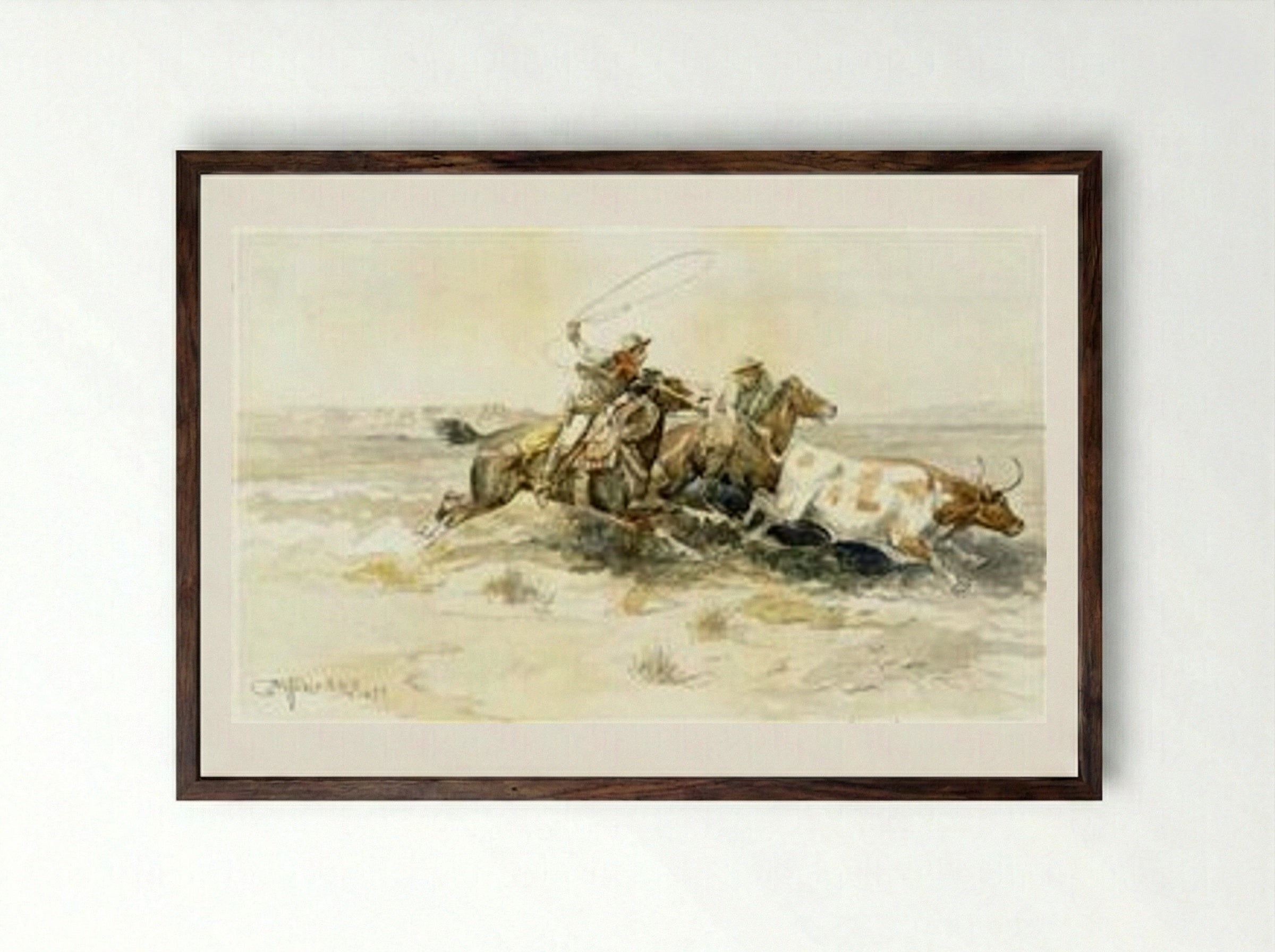Bronk in a Cow Camp - Charles M. Russell - Framed Print Dark Wood