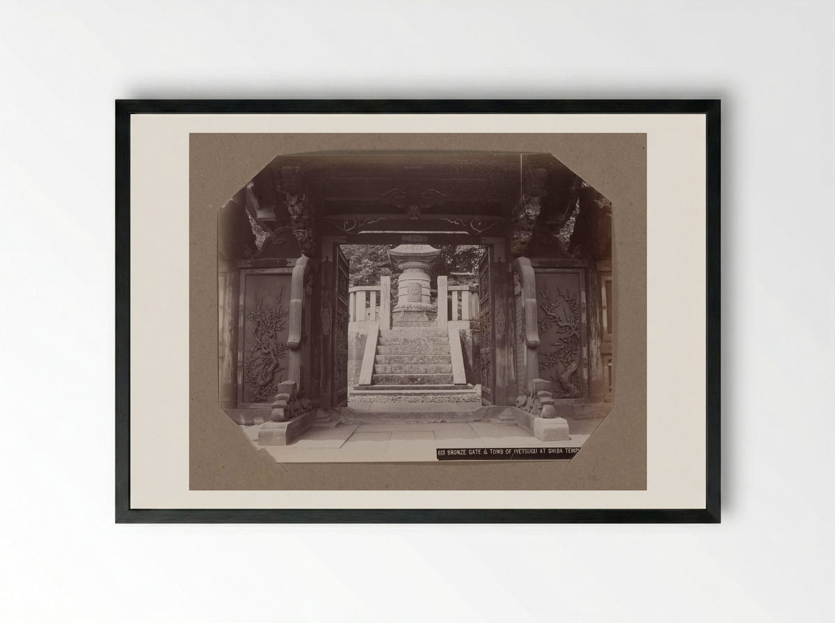 Bronze Gate and Tomb of Ietsugu at Zojo-ji Temple - Kusakabe Kimbei - Framed Print Black