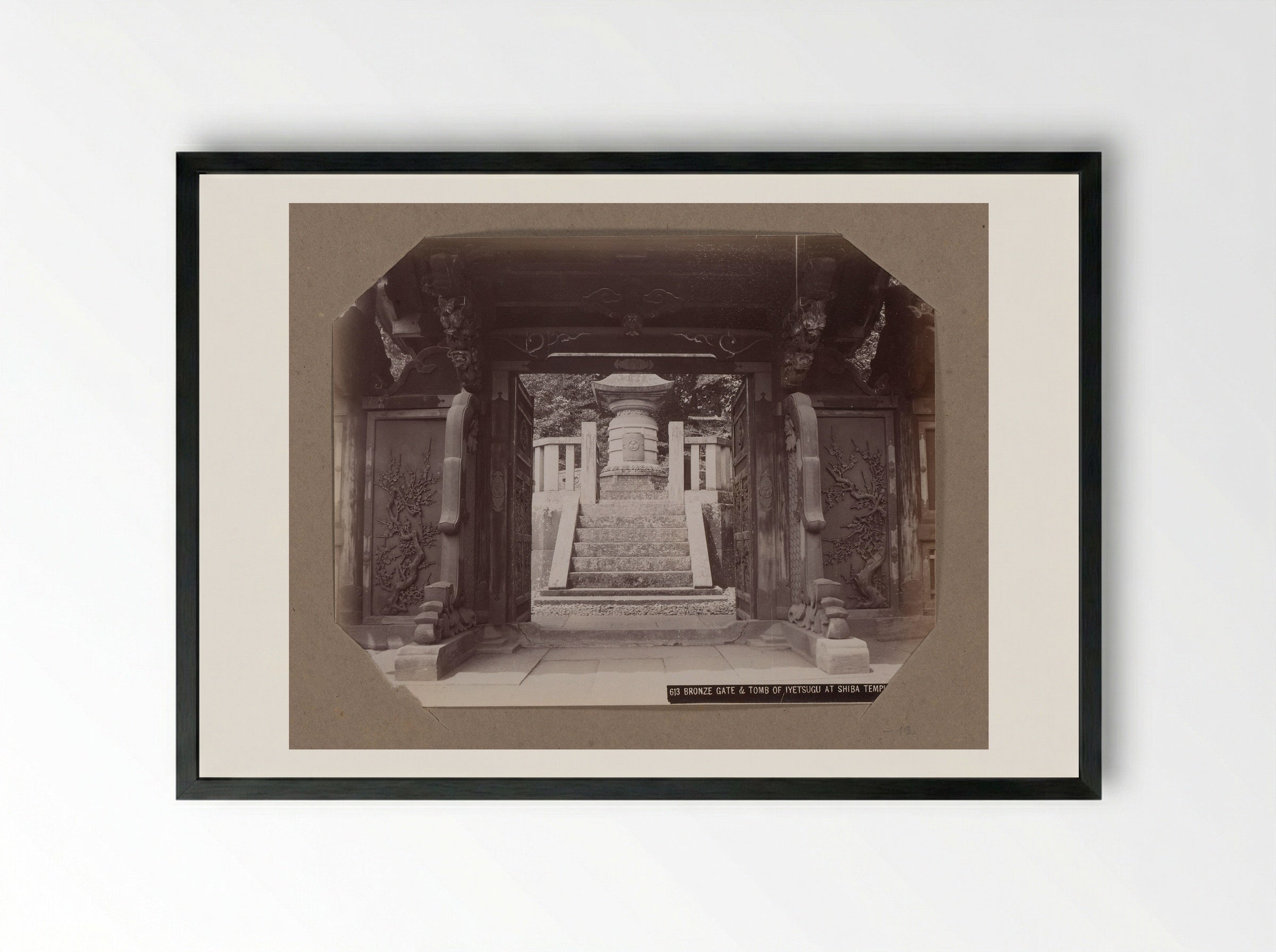 Bronze Gate and Tomb of Ietsugu at Zojo-ji Temple - Kusakabe Kimbei - Framed Print Black