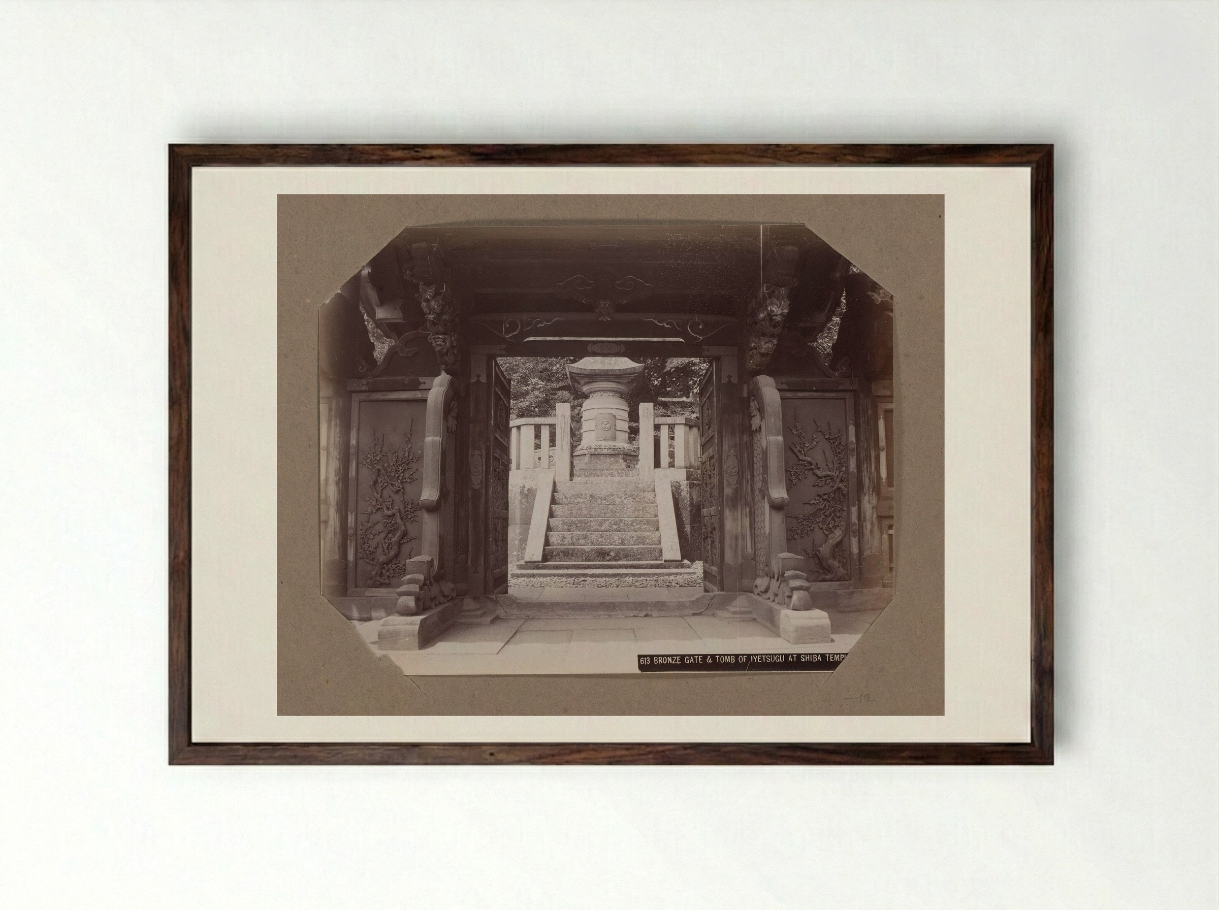 Bronze Gate and Tomb of Ietsugu at Zojo-ji Temple - Kusakabe Kimbei - Framed Print Dark Wood