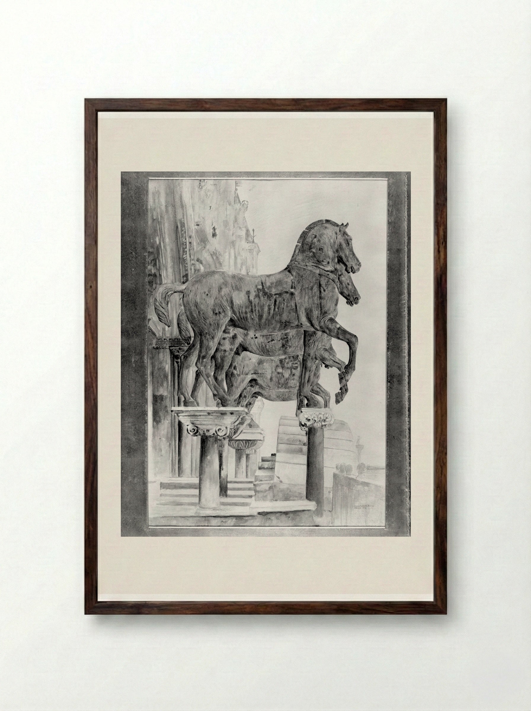 Bronze Horses, Piazza San Marco, Venice - Joseph Lindon Smith - Framed Print Dark Wood