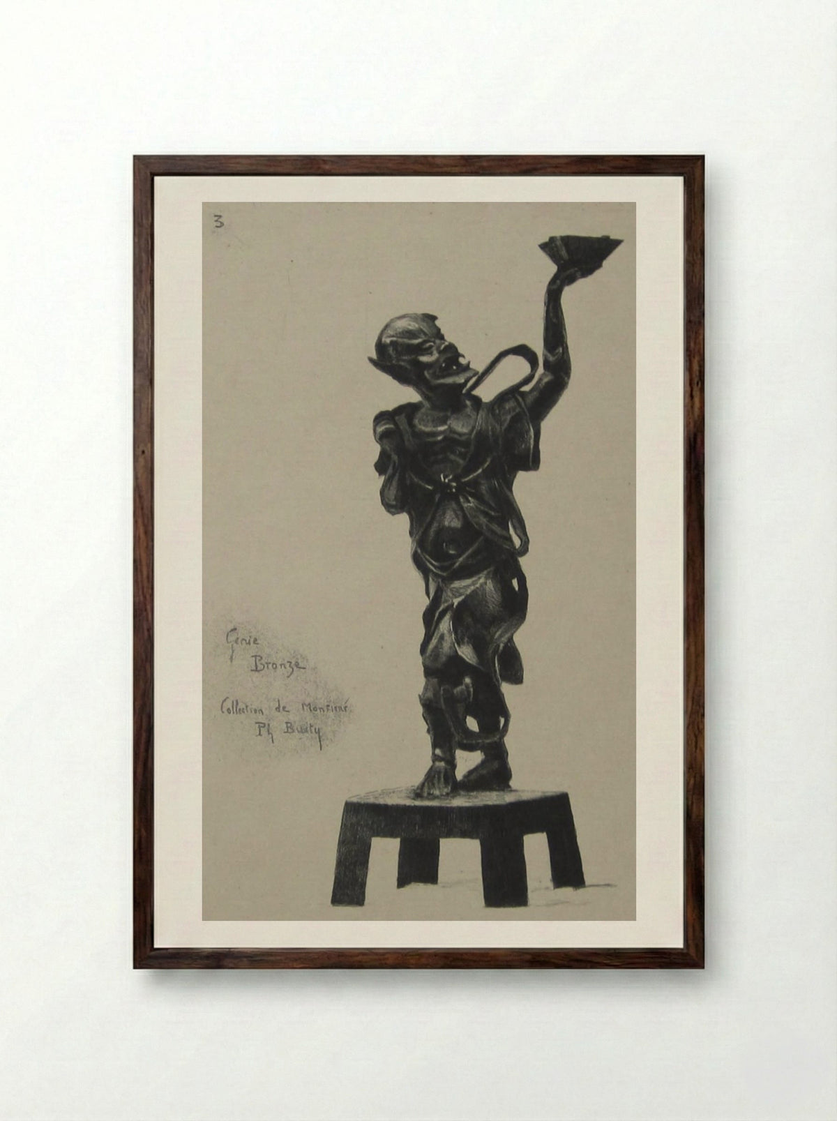 Bronze Statue of a Genie - Félix Hilaire Buhot - Framed Print Dark Wood
