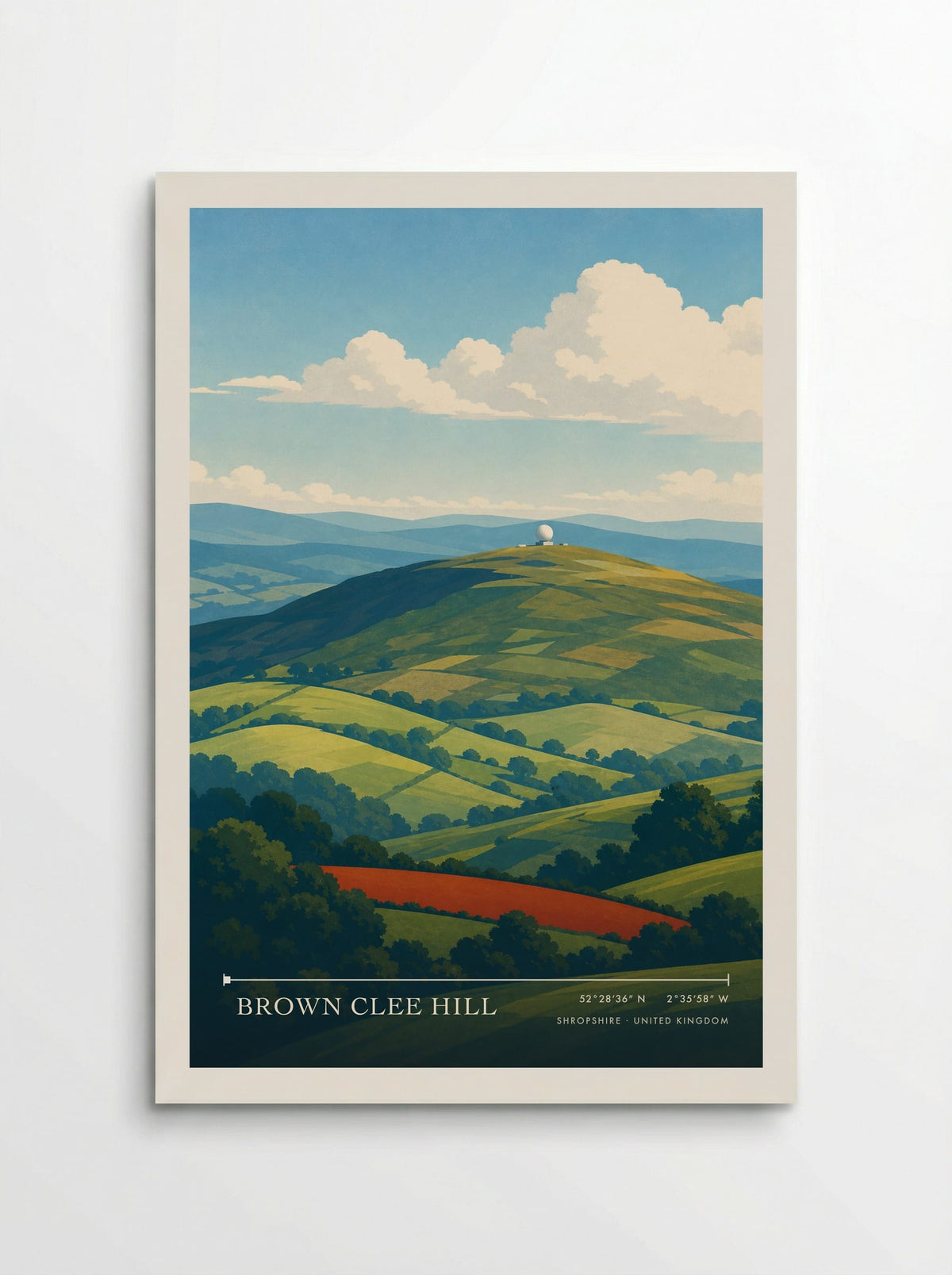 Brown Clee Hill, Shropshire travel poster: Shropshire patchwork fields, a white radar dome and distant blue ridges beneath clouds