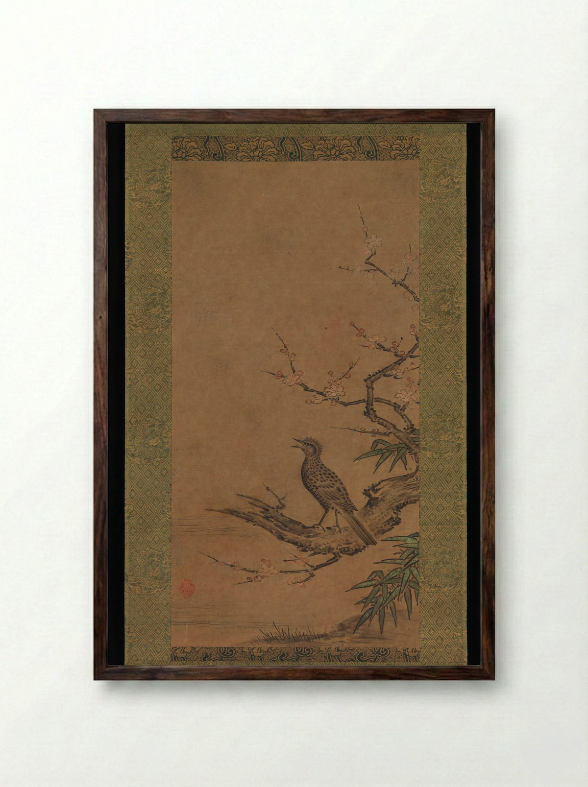 Brown-Eared Bulbul (Hiyodori) on a Branch of Plum - Kano Shōei - Framed Print Dark Wood