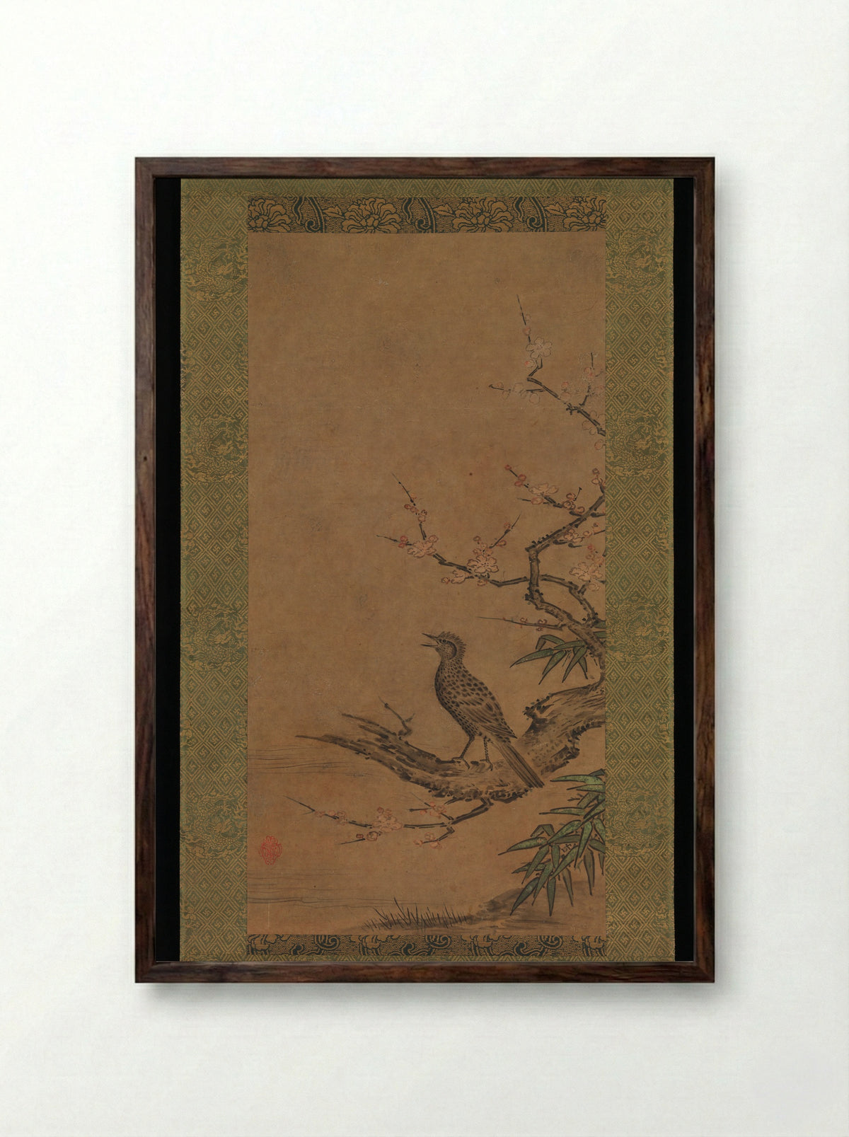 Brown-Eared Bulbul (Hiyodori) on a Branch of Plum - Kano Shōei - Framed Print Dark Wood