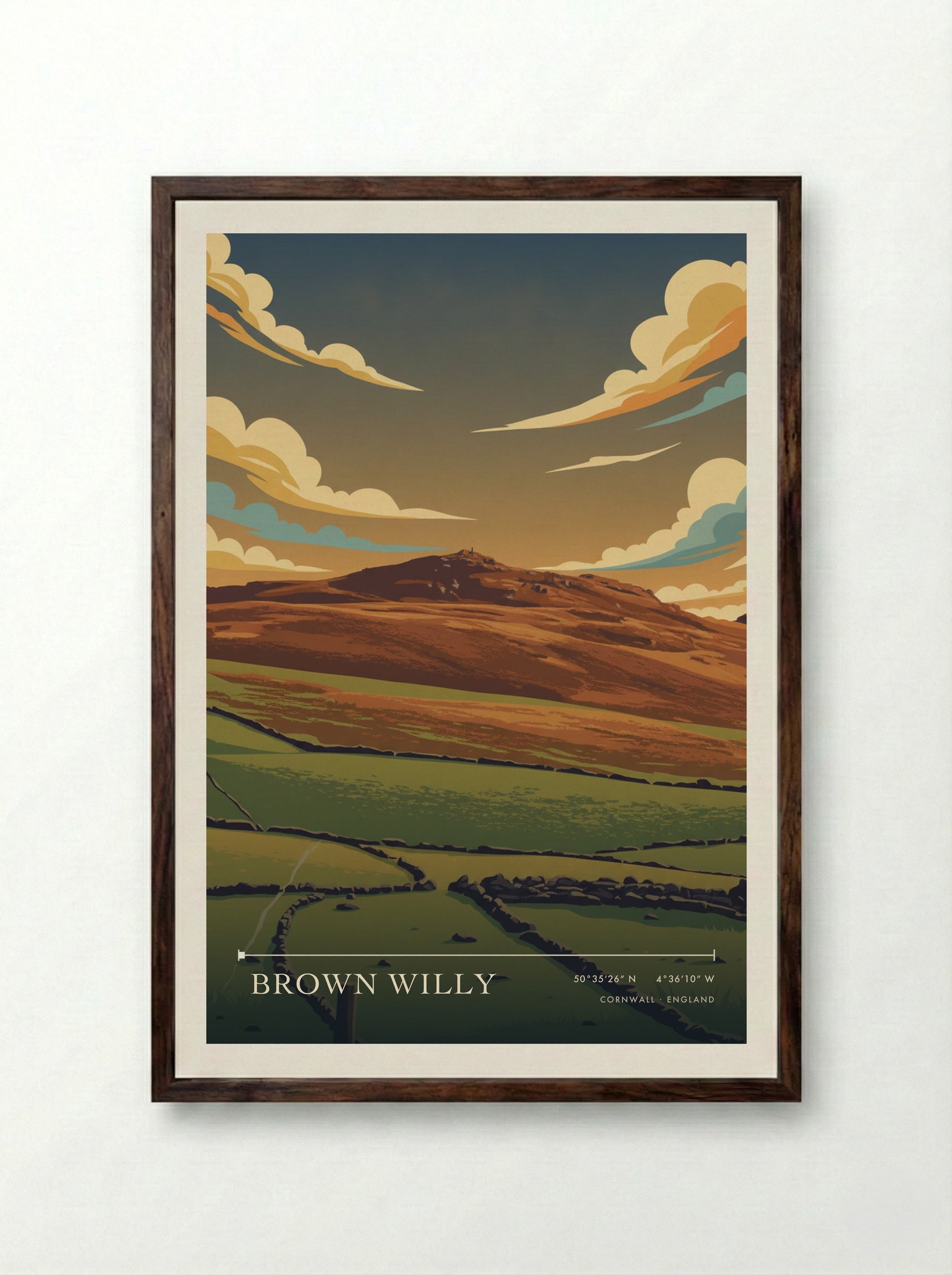 Brown Willy Cornwall England Travel Poster - Framed Print Dark Wood
