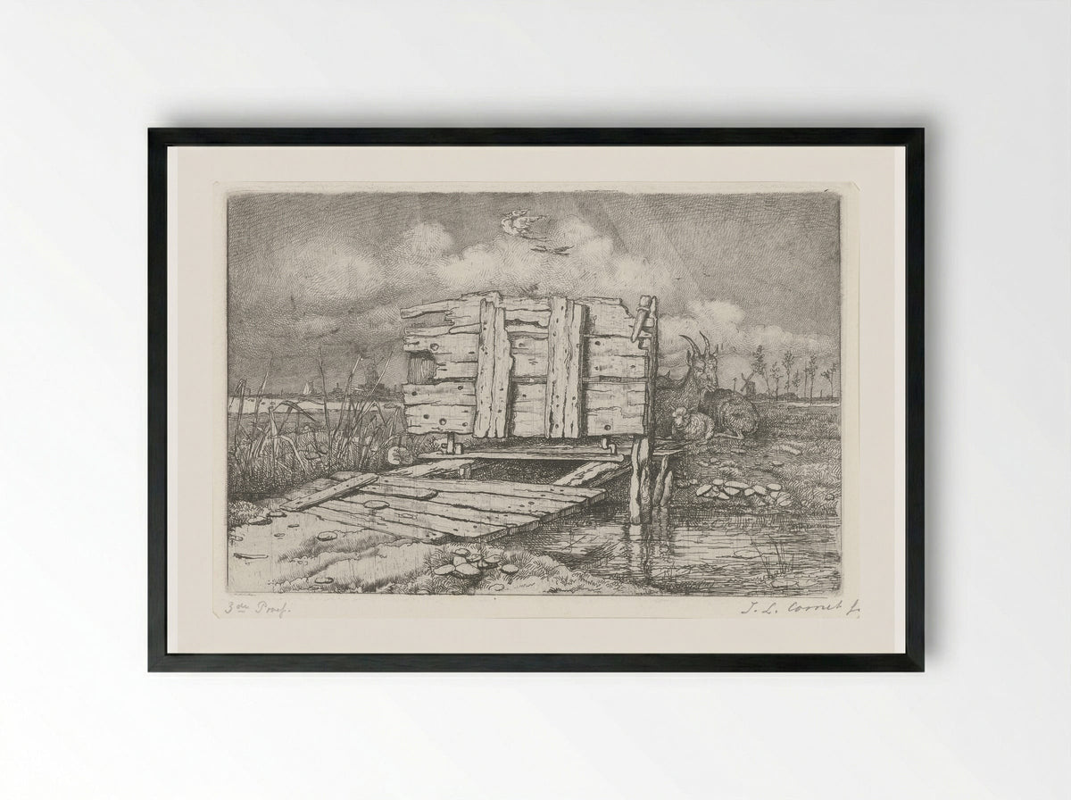 Brugje over een beek - Jacobus Ludovicus Cornet - Framed Print Black