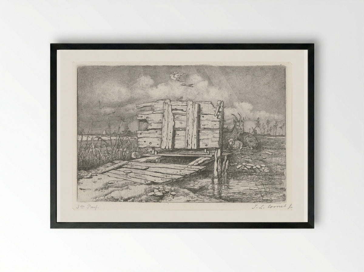 Brugje over een beek - Jacobus Ludovicus Cornet - Framed Print Black