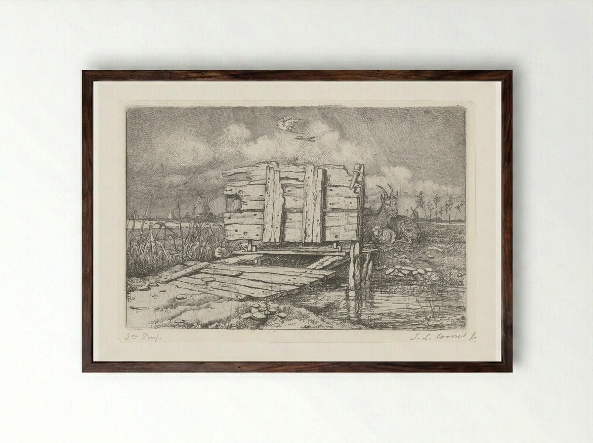Brugje over een beek - Jacobus Ludovicus Cornet - Framed Print Dark Wood
