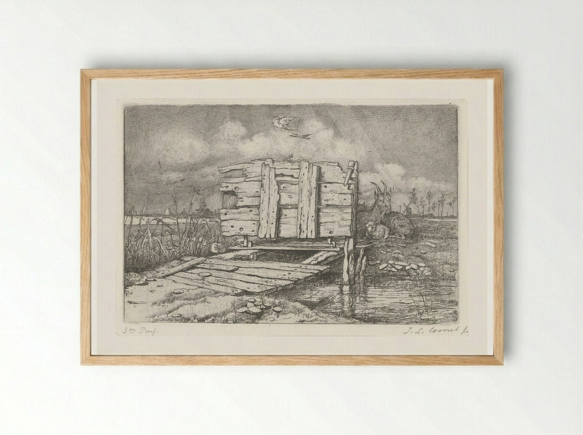 Brugje over een beek - Jacobus Ludovicus Cornet - Framed Print Wood