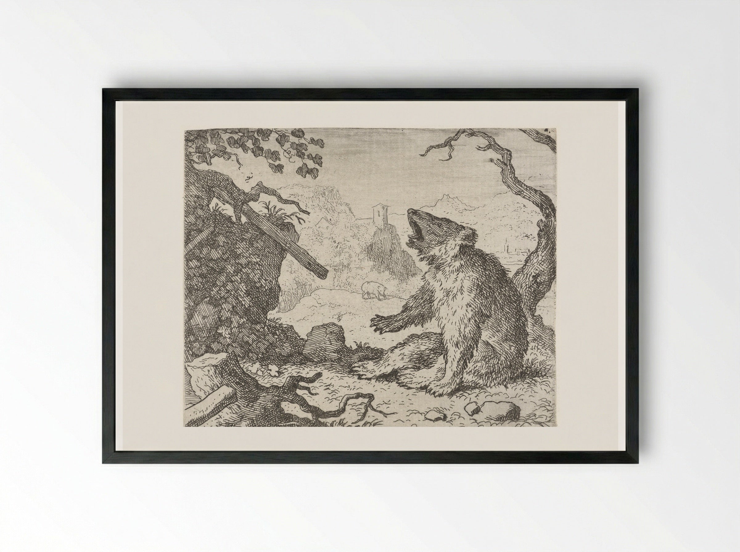 Bruun de beer dagvaardt Reinaert de vos - Allaert van Everdingen - Framed Print Black