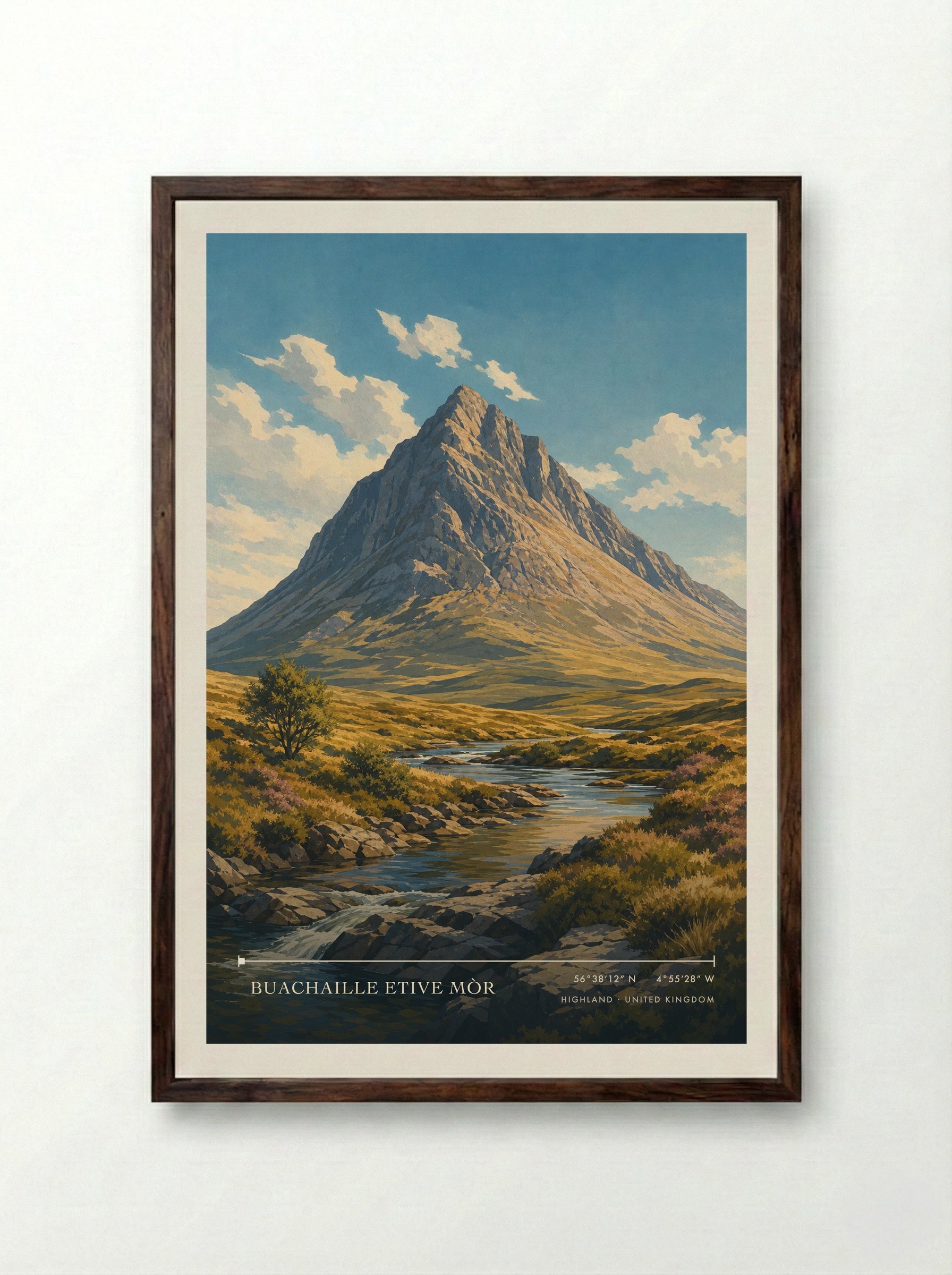 Buachaille Etive Mòr Highland United Kingdom Travel Poster - Framed Print Dark Wood