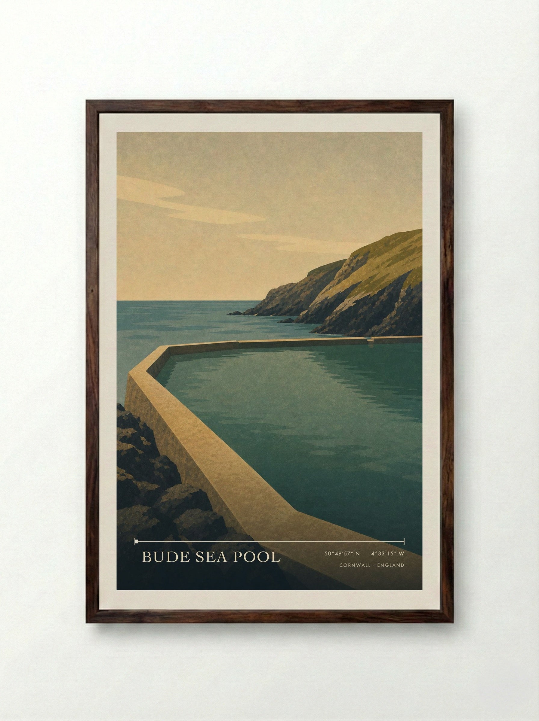 Bude Sea Pool Cornwall England Travel Poster - Framed Print Dark Wood