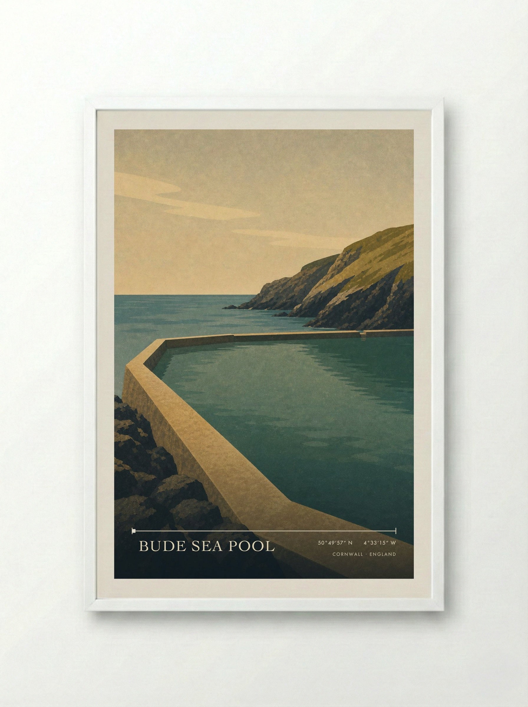 Bude Sea Pool Cornwall England Travel Poster - Framed Print White